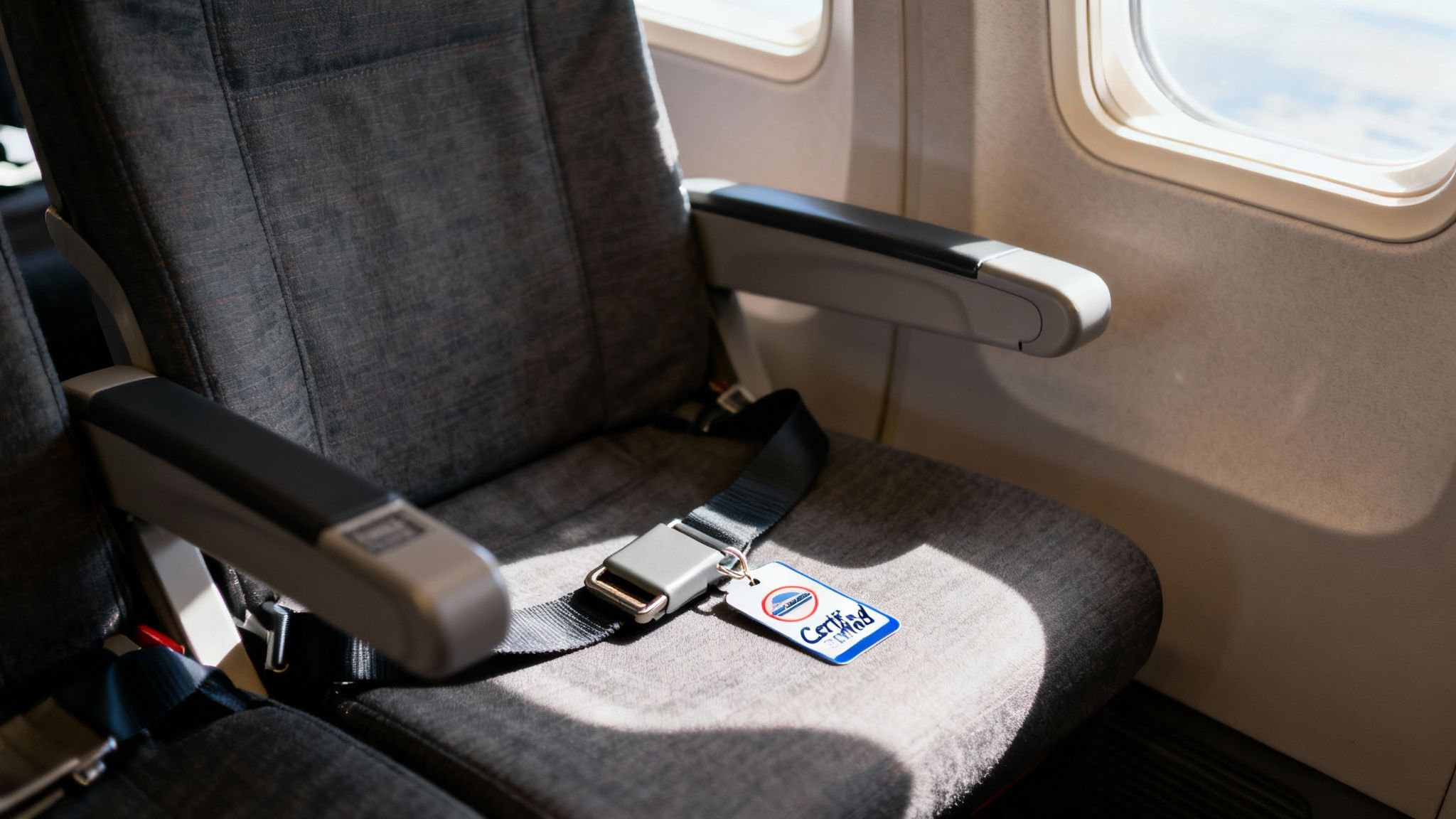 A flight attendant handing a seat belt extender to a passenger on an airplane