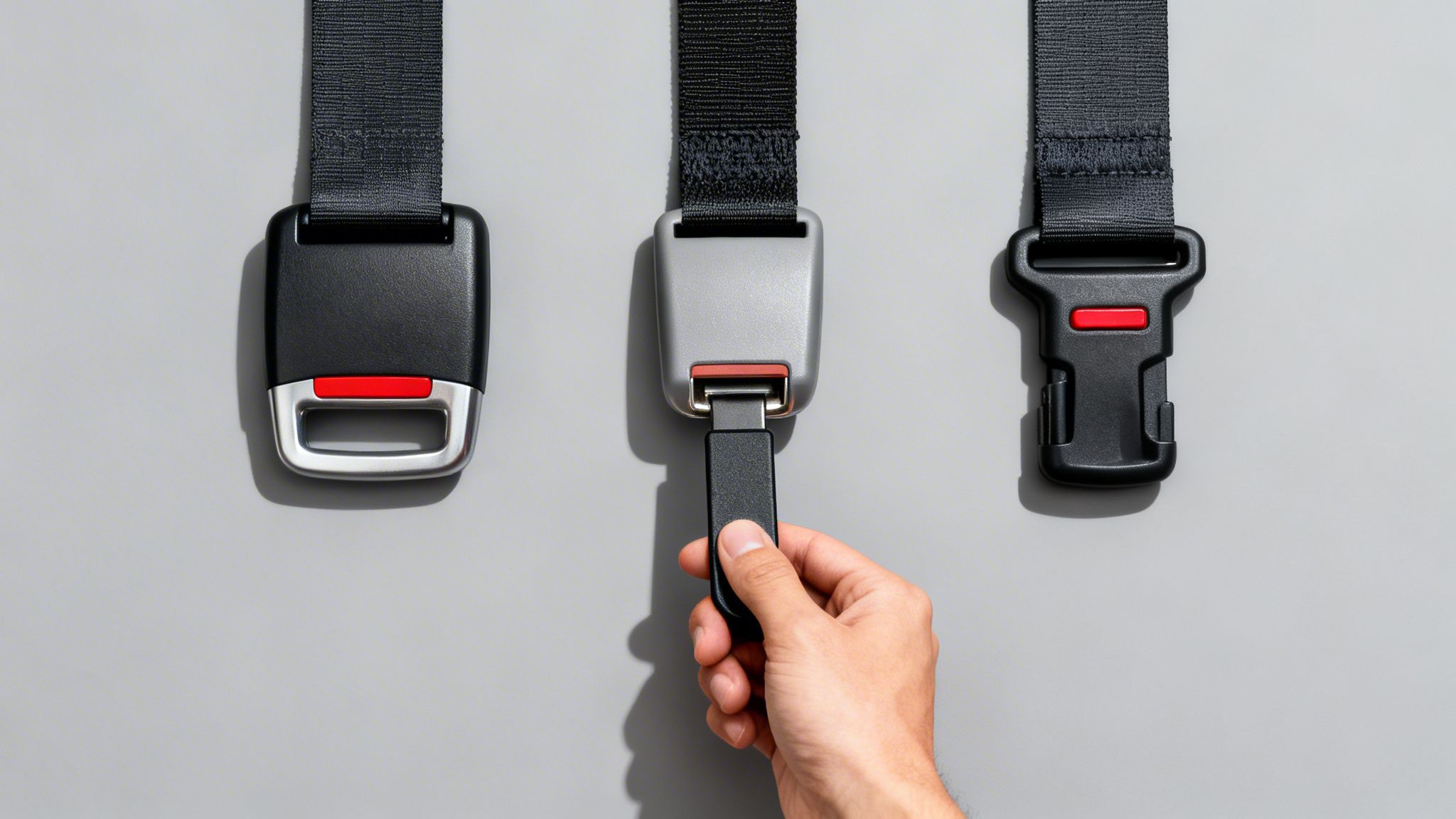 A hand fastens a car seat belt into a grey buckle, with two other buckles shown.