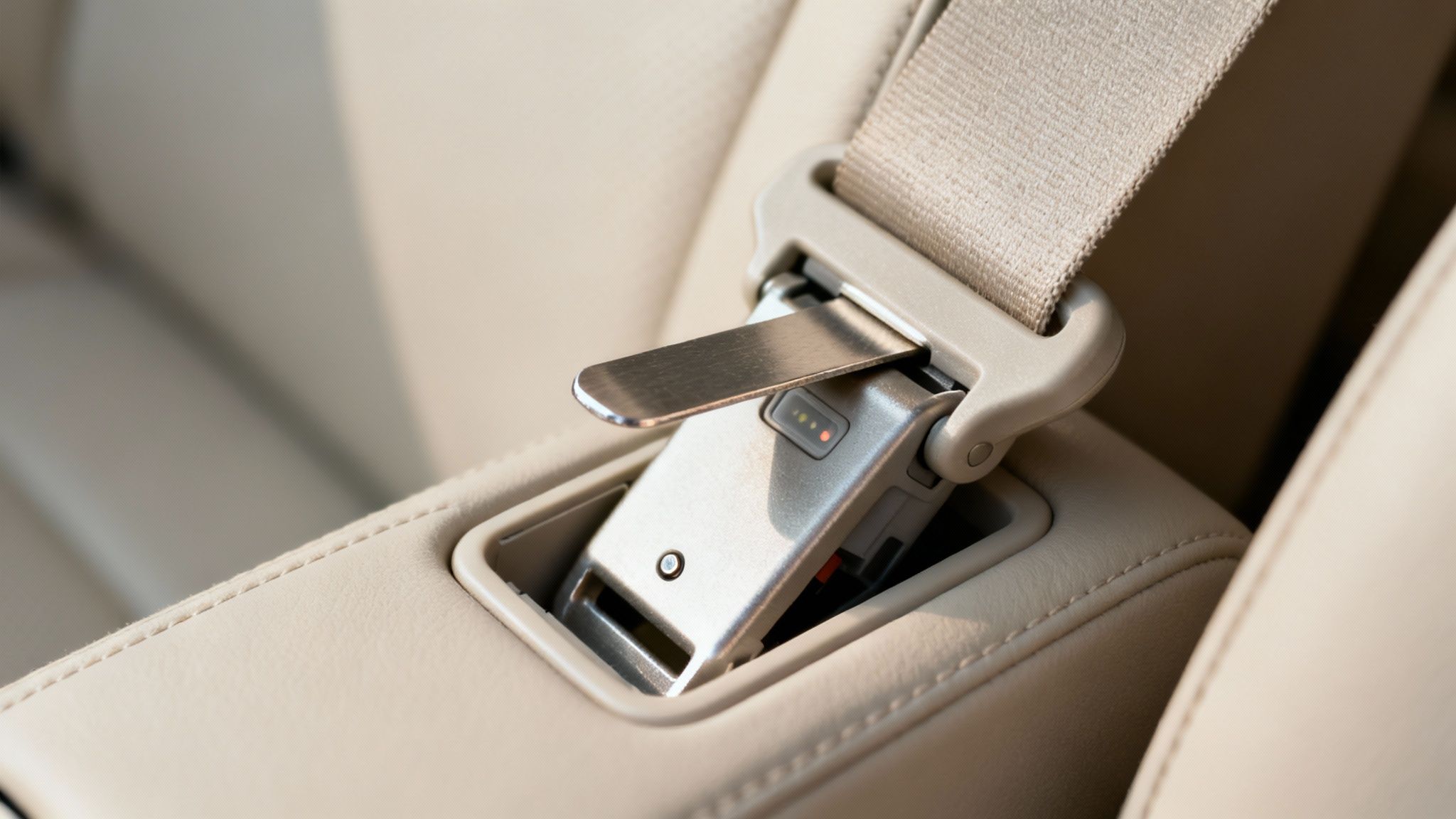 Modern car interior, close-up of a beige seat belt buckle with integrated sensor lights.
