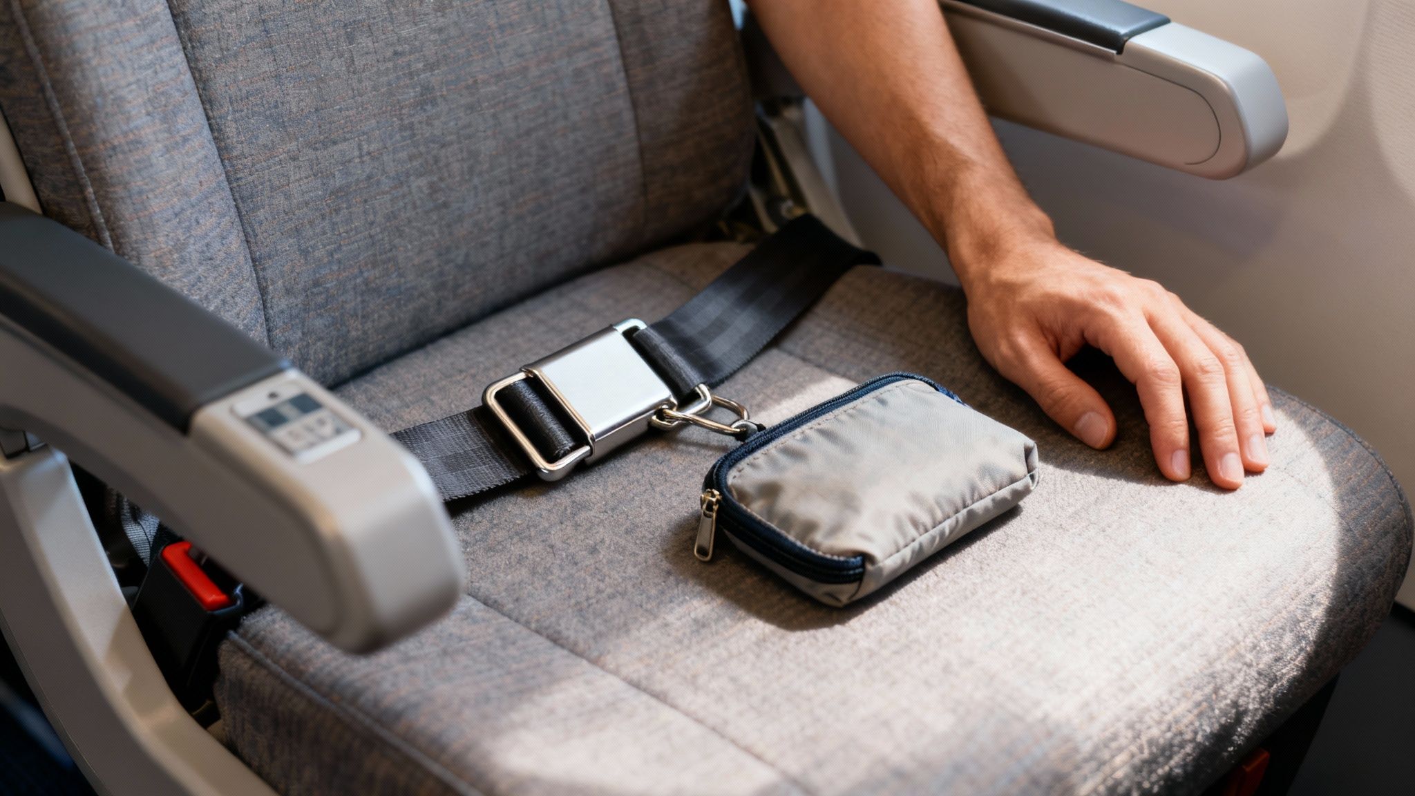 A person's hand rests on an airplane seat next to a fastened seatbelt and a small pouch.