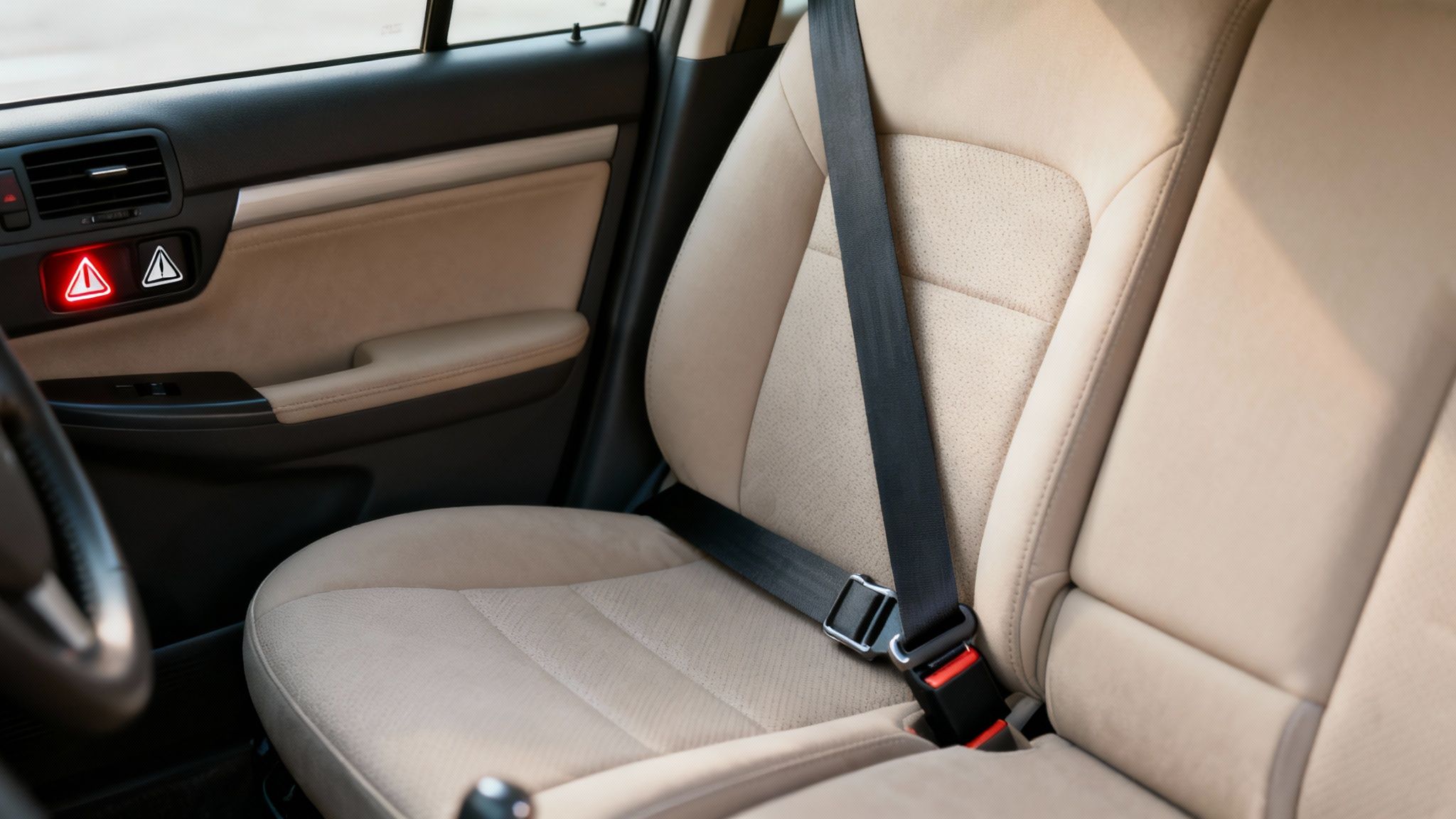 Interior of a modern car showing a buckled seatbelt and illuminated hazard lights on the door panel.