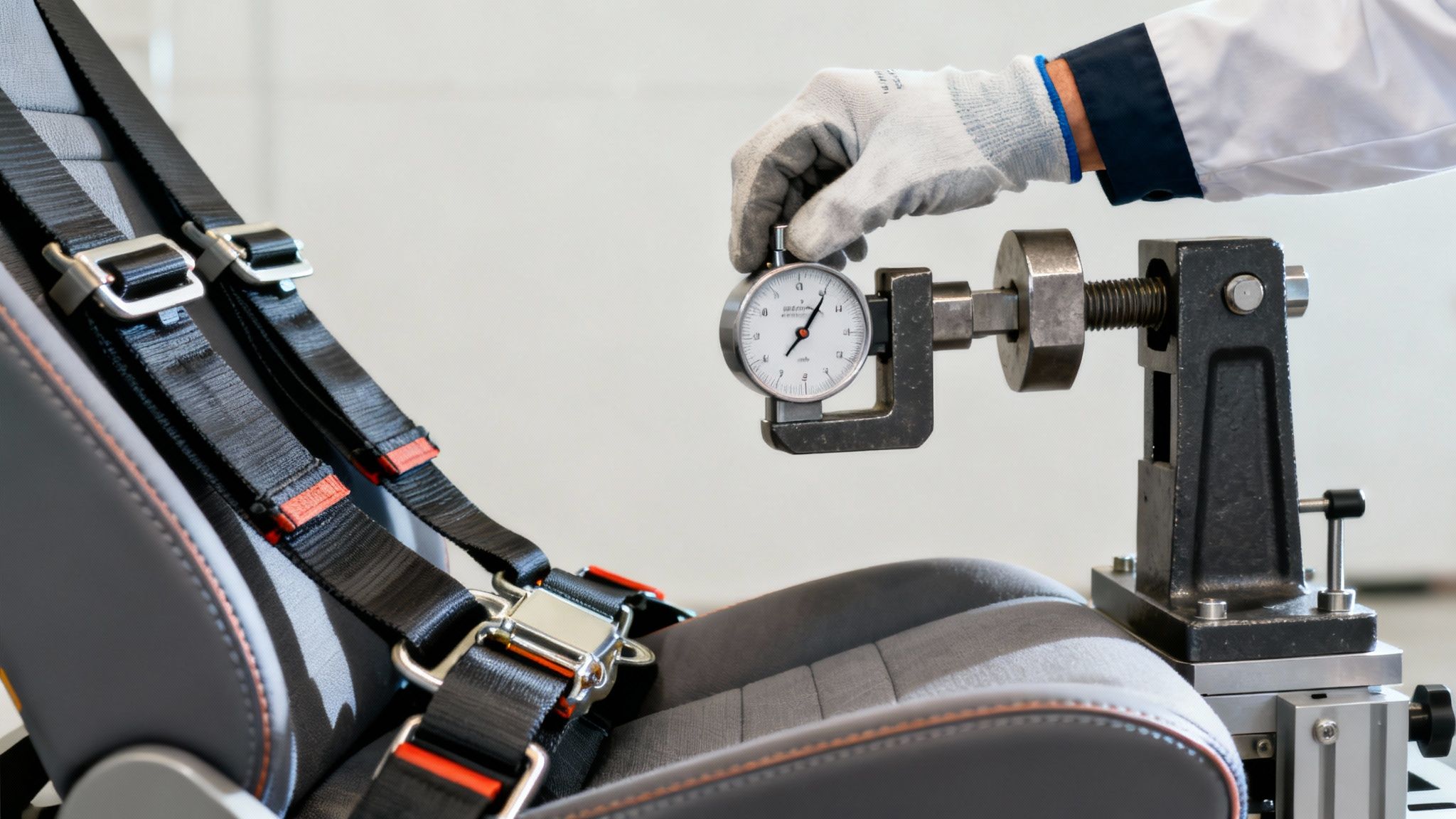 An airplane seatbelt neatly coiled on a blue seat, symbolizing safety and readiness.