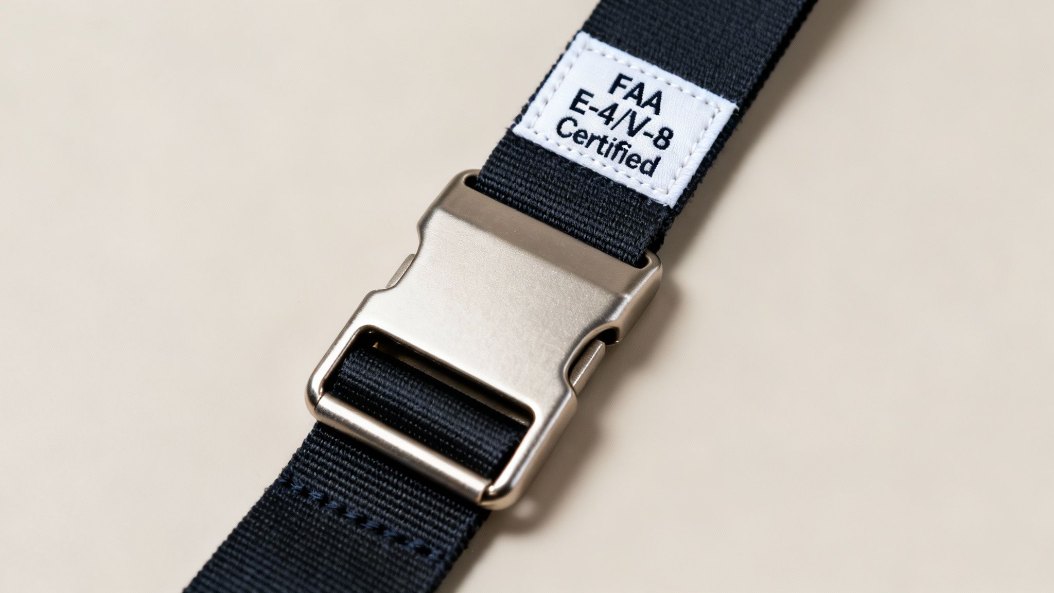 A close-up of a black strap with a silver metal buckle and a white 'FAA Certified' label.