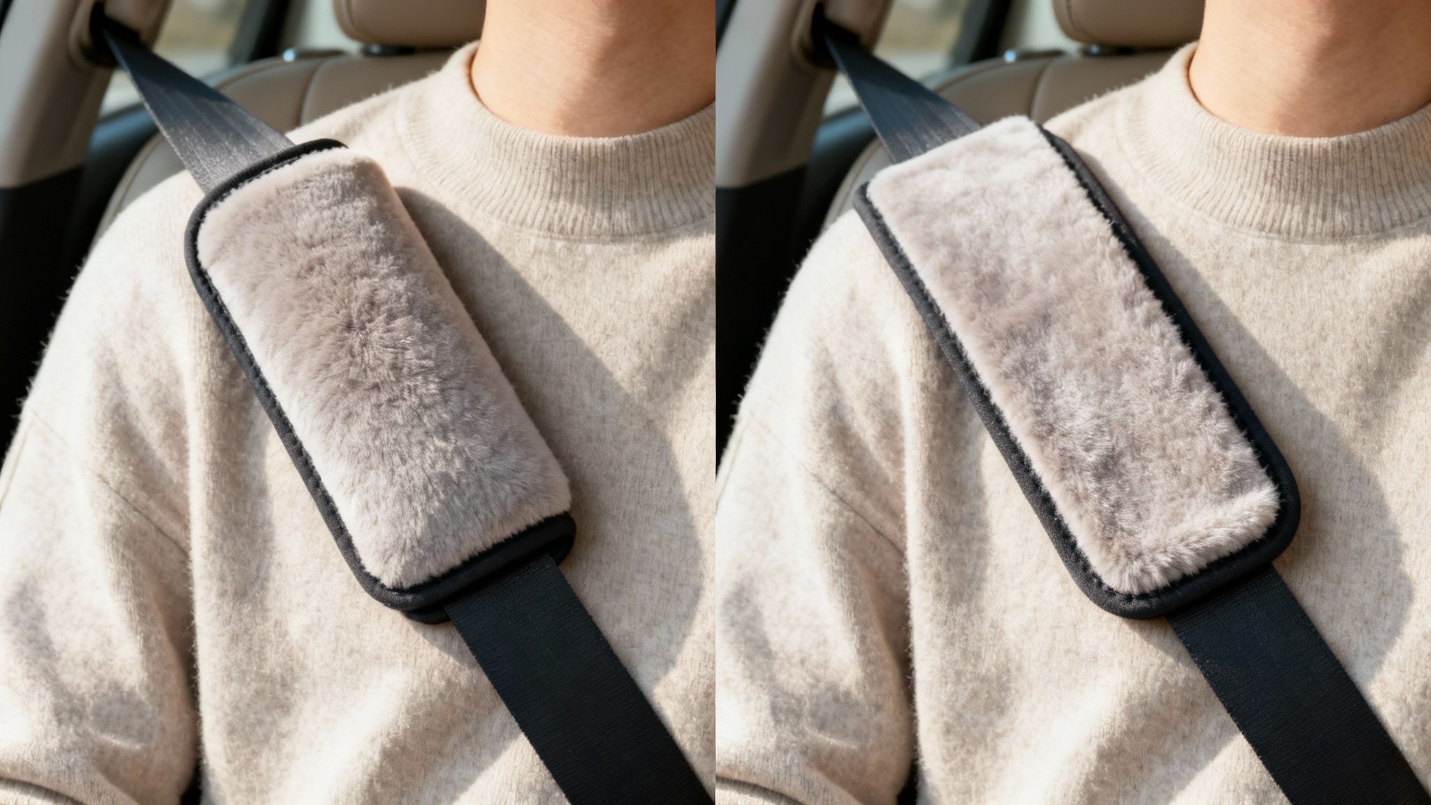 Comfortable grey faux fur seat belt shoulder pad on a person in a car.