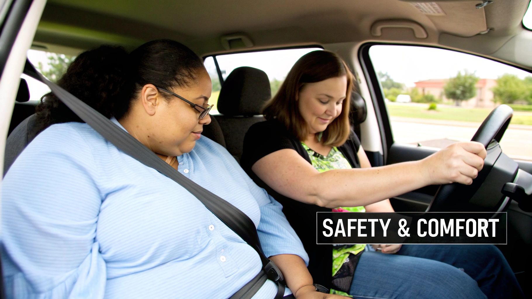 A person comfortably buckled into their car seat using a seat belt extender for a better fit.