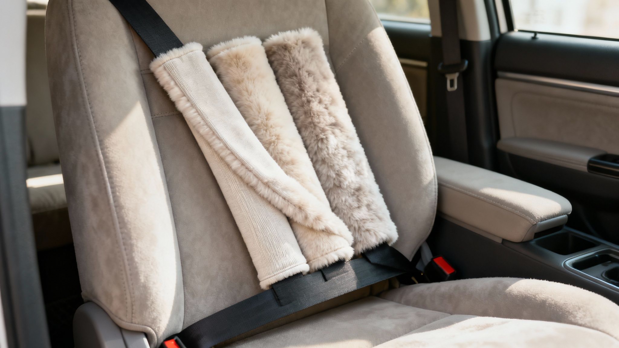 A person's hand holding up a grey, padded seat belt cover against a car's interior.
