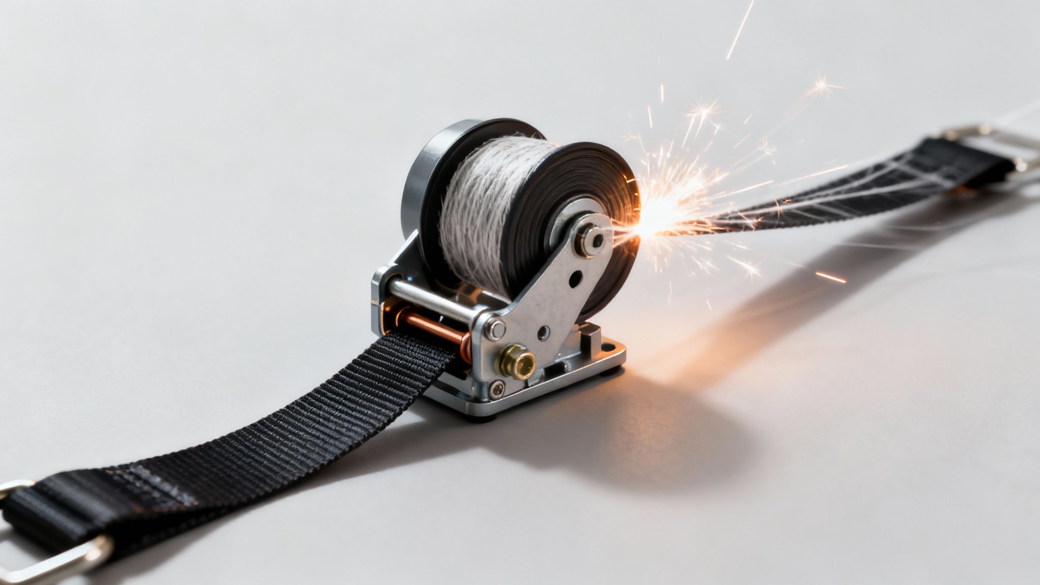 A diagram showing the mechanics of a seat belt pre--tensioner and retractor.