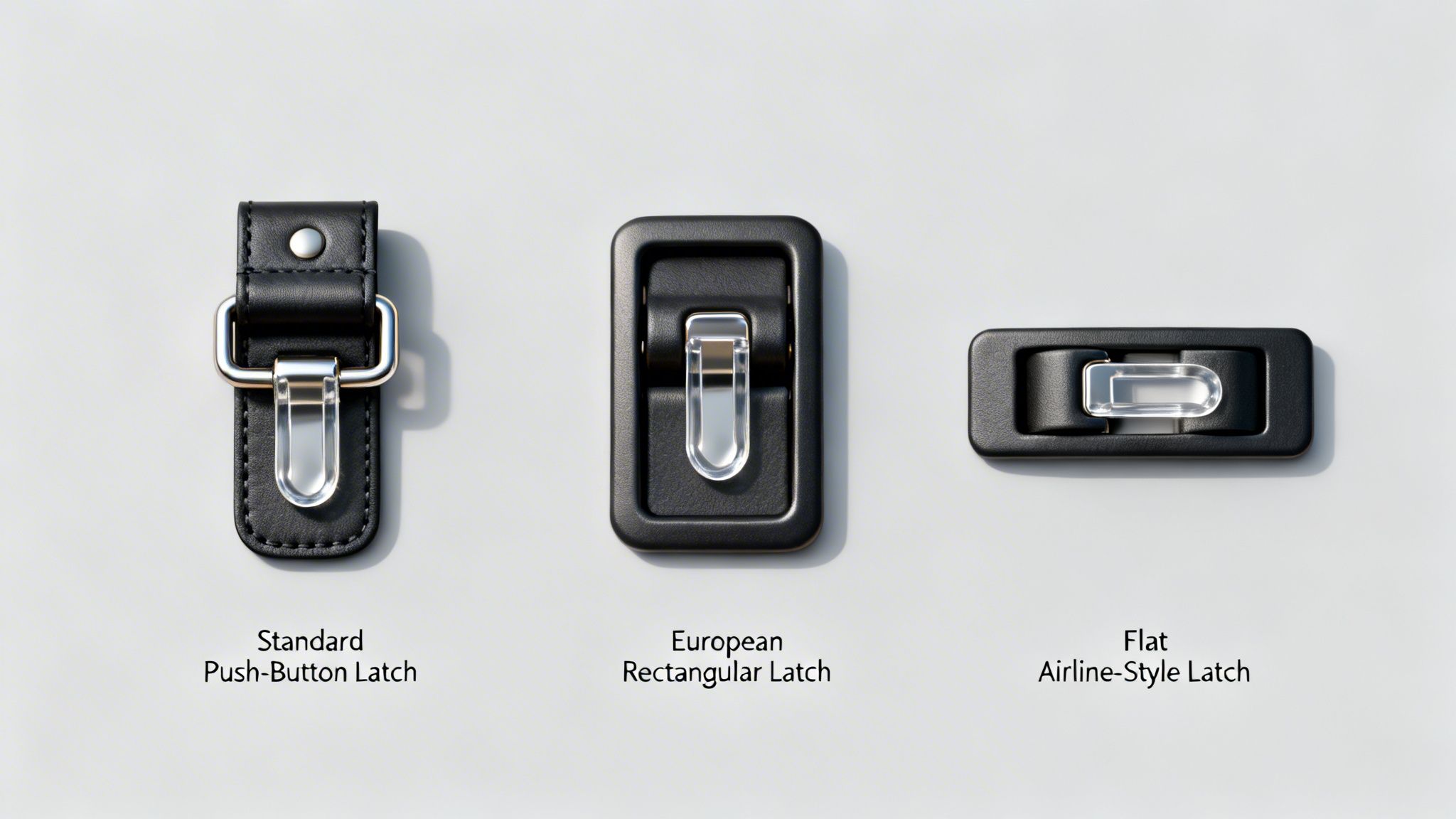 Three distinct types of black latches: Standard push-button, European rectangular, and flat airline-style.