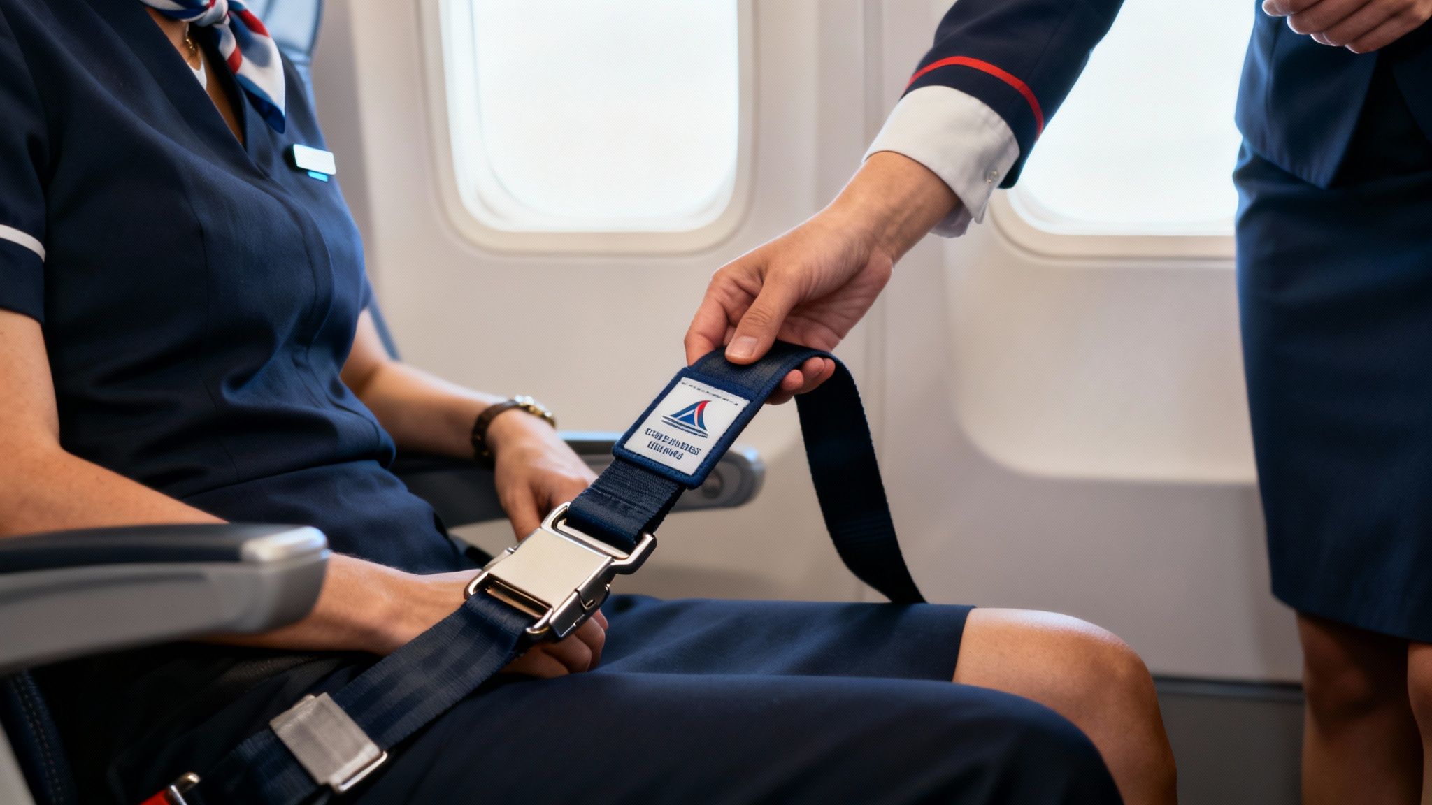 A flight attendant handing a seat belt extender to a passenger inside an airplane cabin.