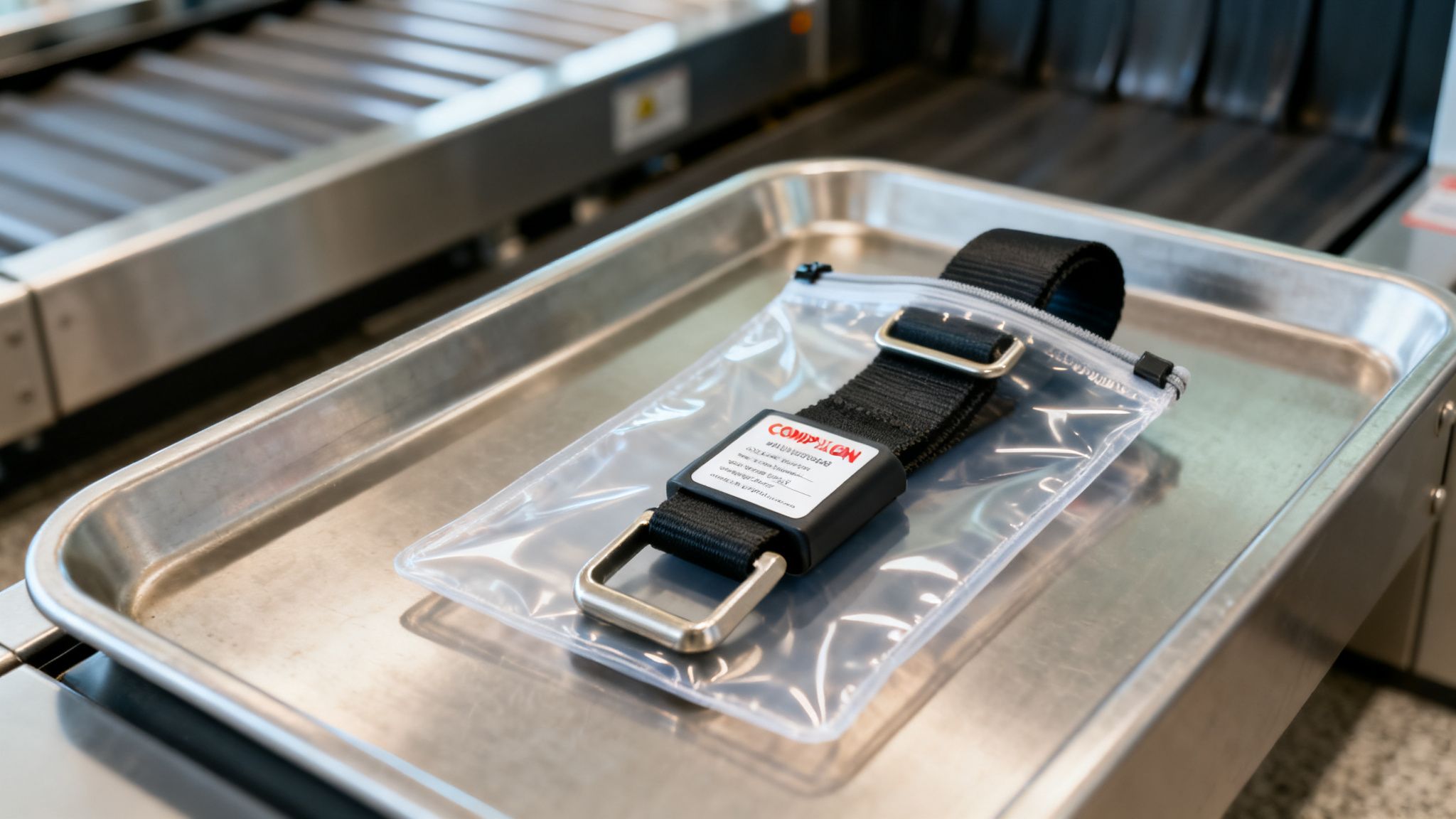 A black seat belt extender in a clear plastic bag on a metal tray at airport security.