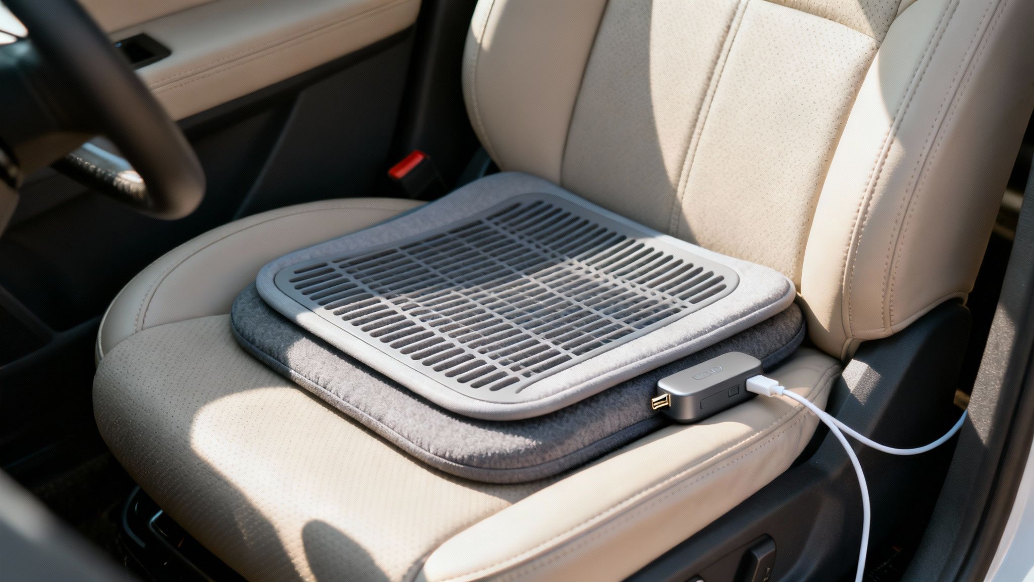 A gray gridded cooling pad and a control device with a USB cable on a beige car seat.