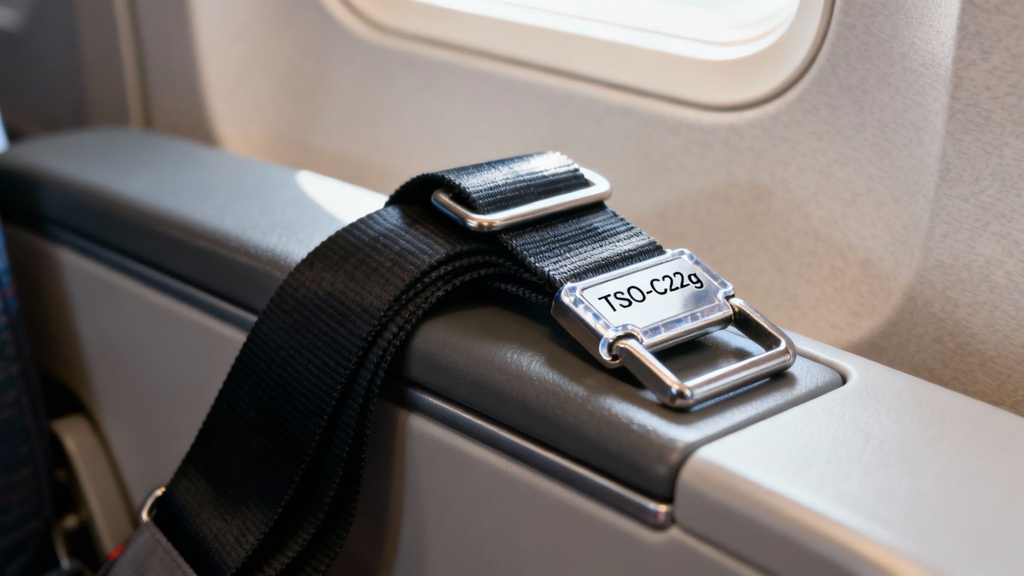 A close-up of an FAA-approved seat belt extender buckle, highlighting its sturdy construction.