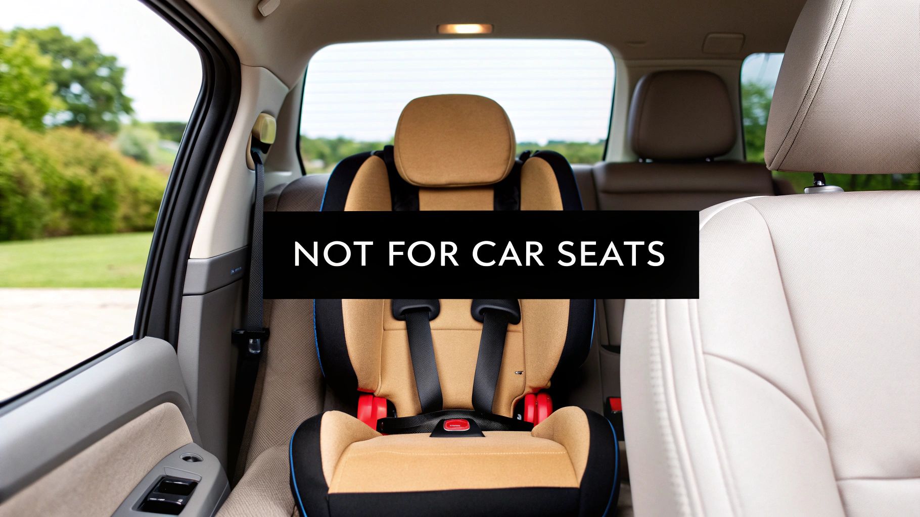 A child car seat correctly installed in the back of a vehicle, highlighting safety.