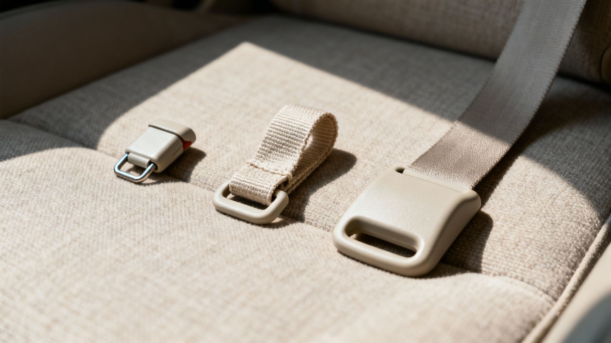 Two different types of seat belt adjusters shown on a car's seat belt.
