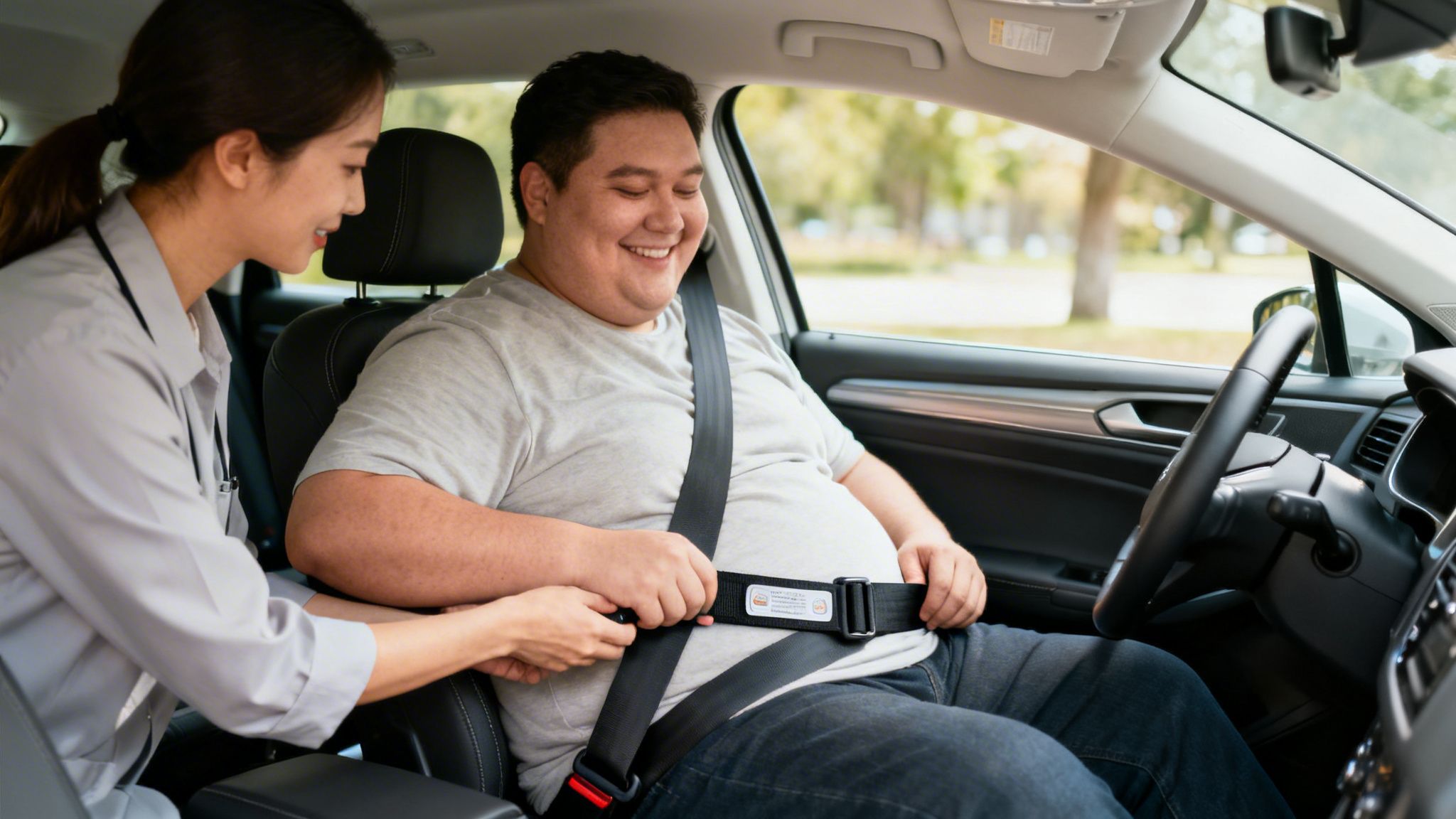 A woman assists a smiling man in a car, helping him fasten a seat belt extender.