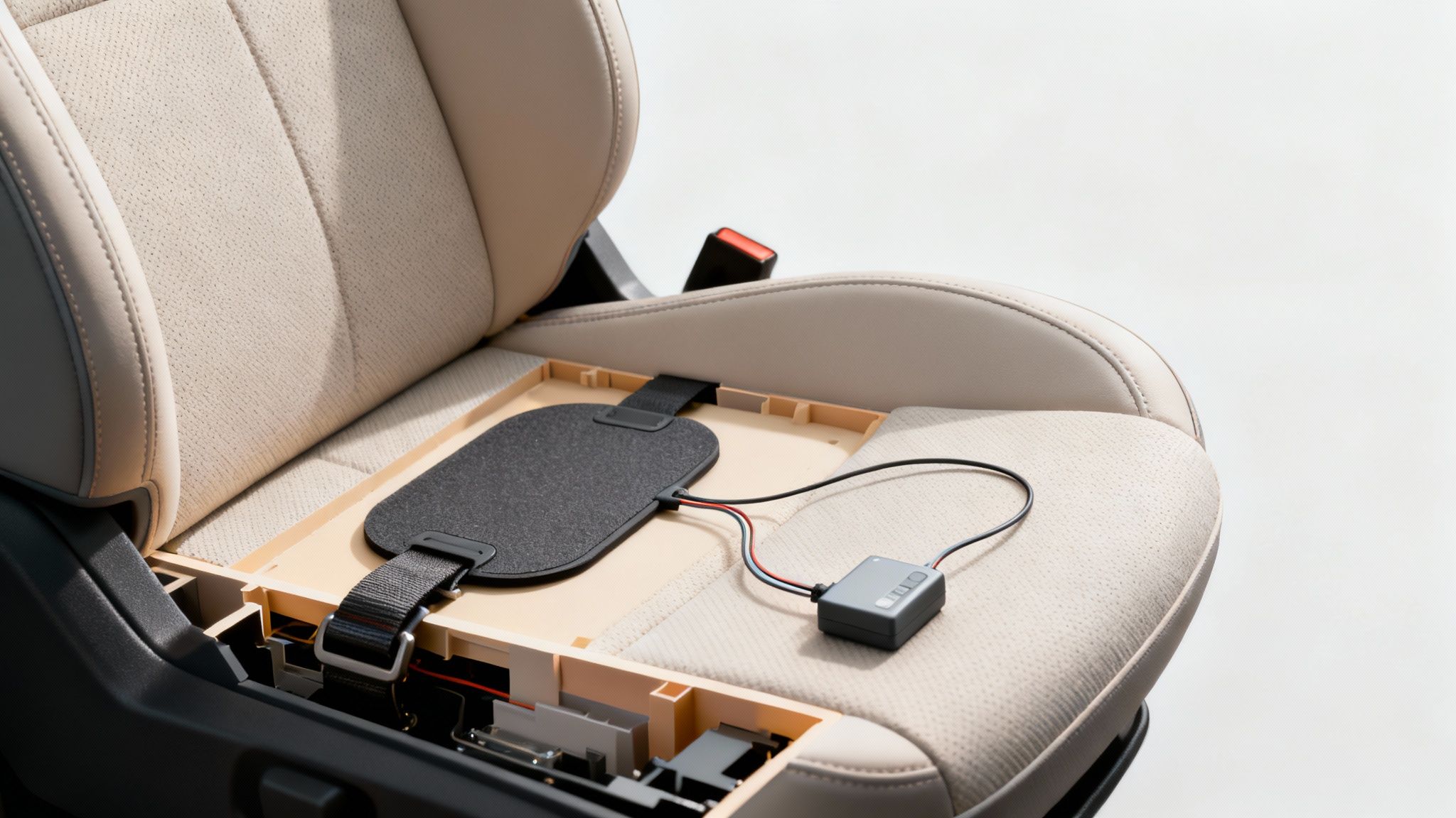 A car seat with a black sensor pad and control unit installed underneath the upholstery.