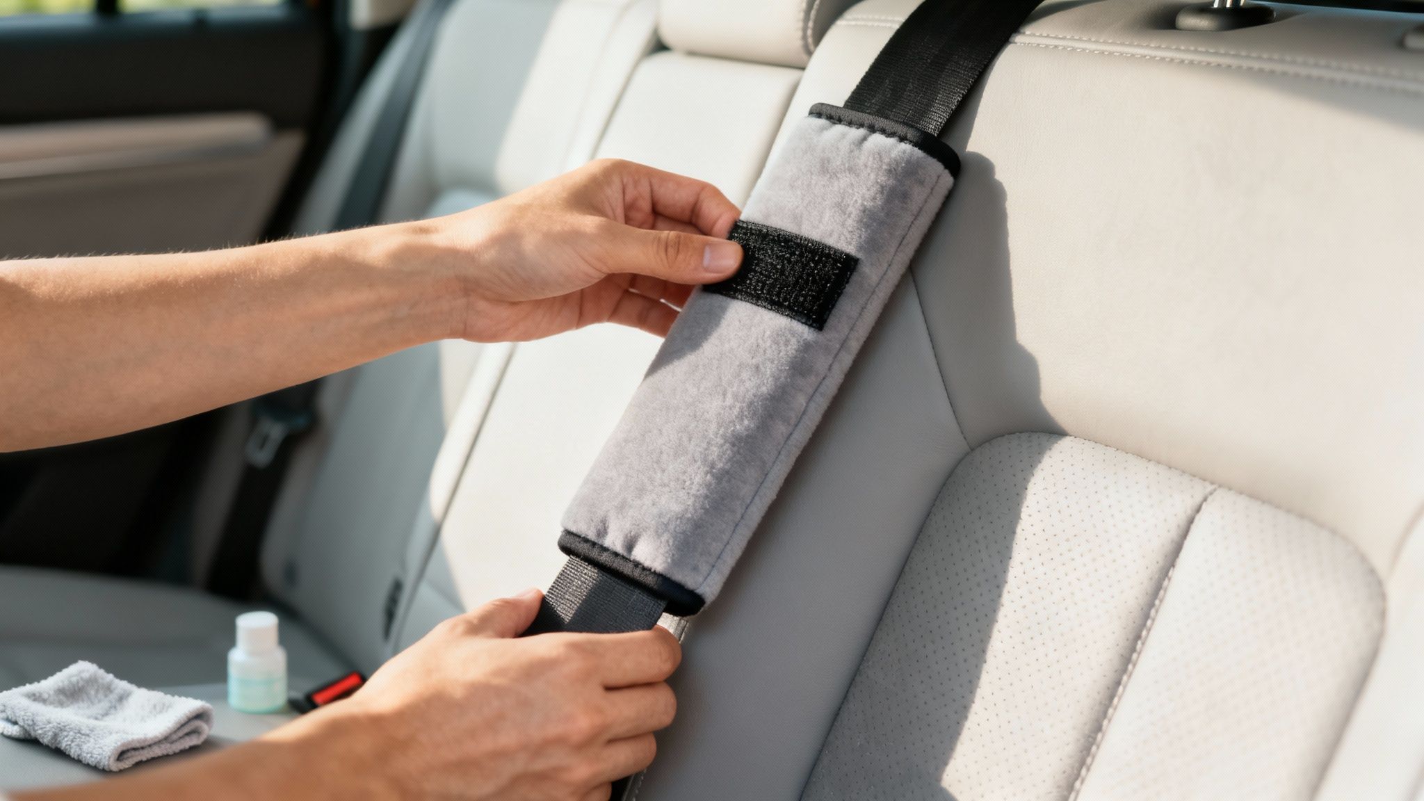 A person installing a gray padded seat belt cover onto a car's seat belt.