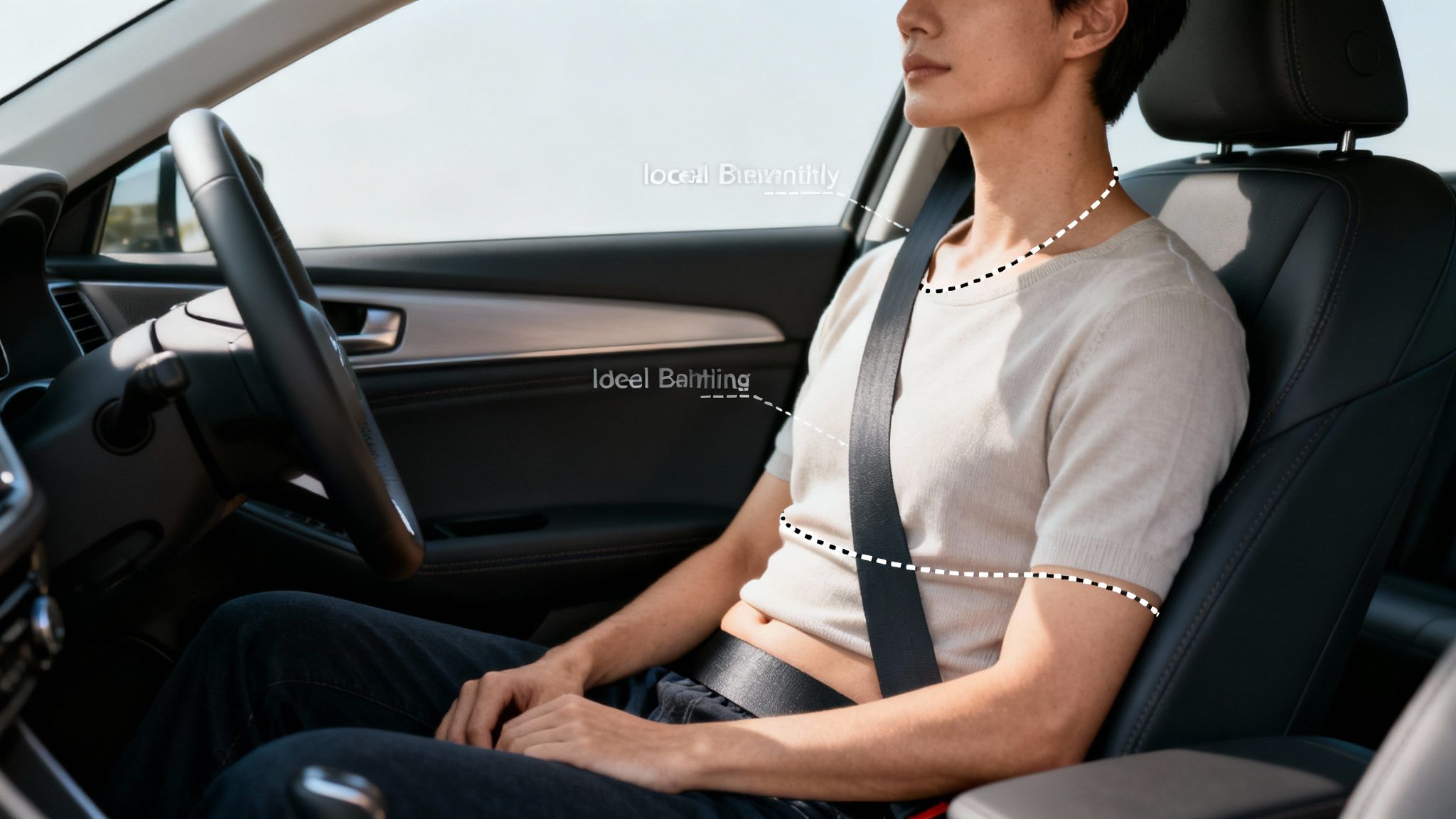 A man in a car seat wearing a seatbelt with dashed lines indicating the ideal position for safety.