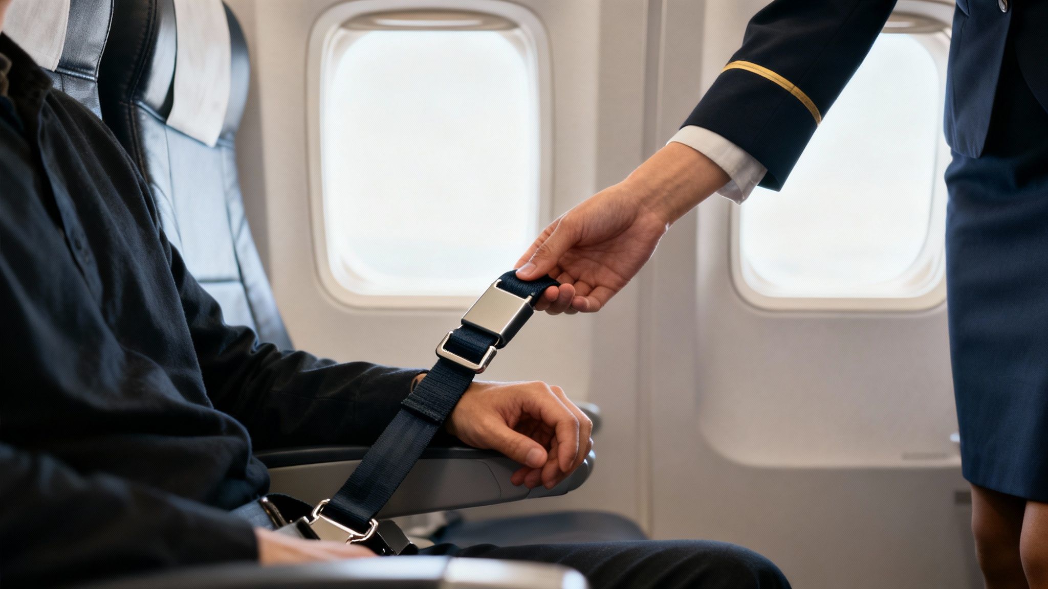 A passenger is shown how to correctly use an airplane seat belt extender.