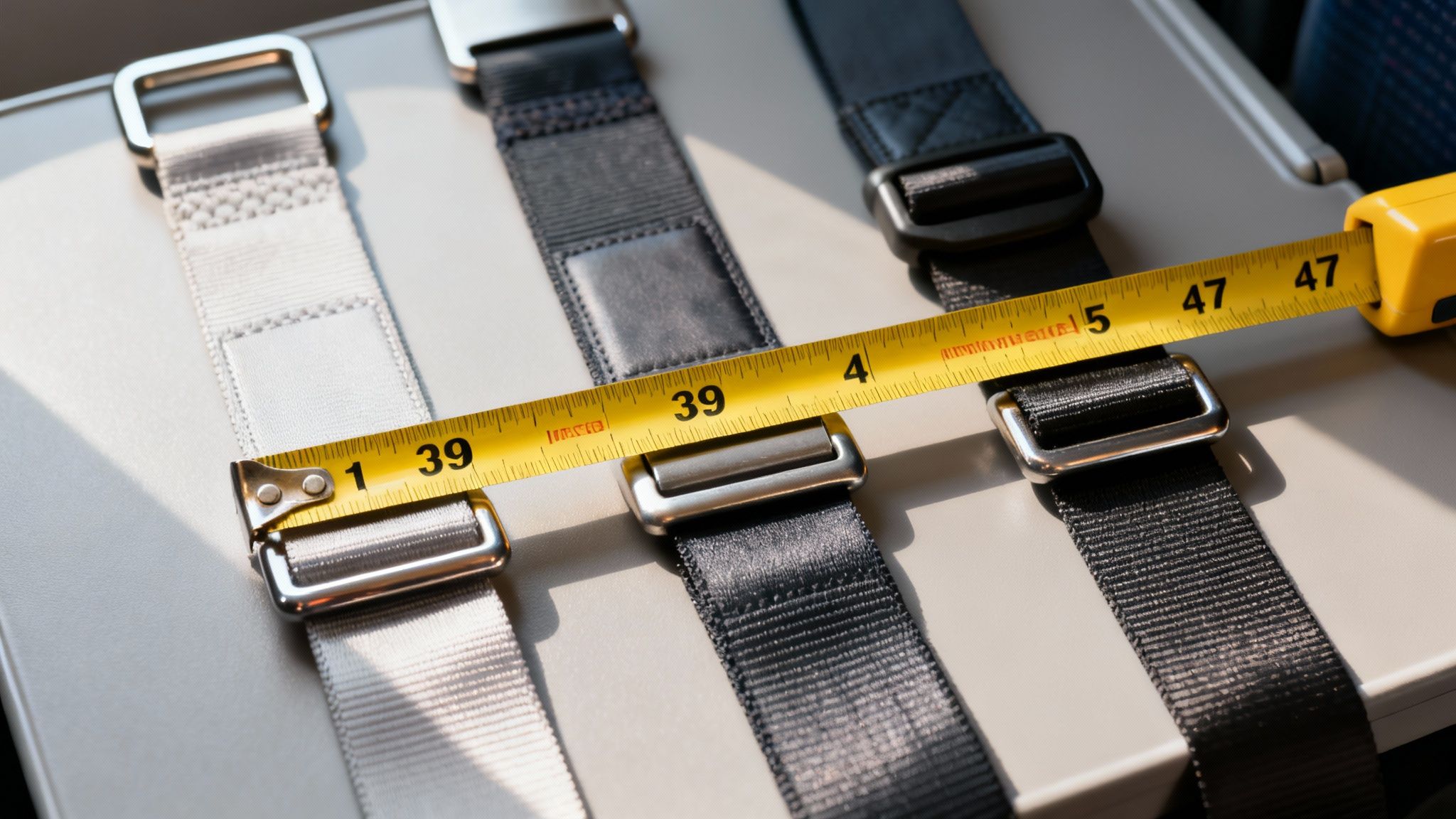 A yellow tape measure displays the varying lengths of three airplane seat belts.