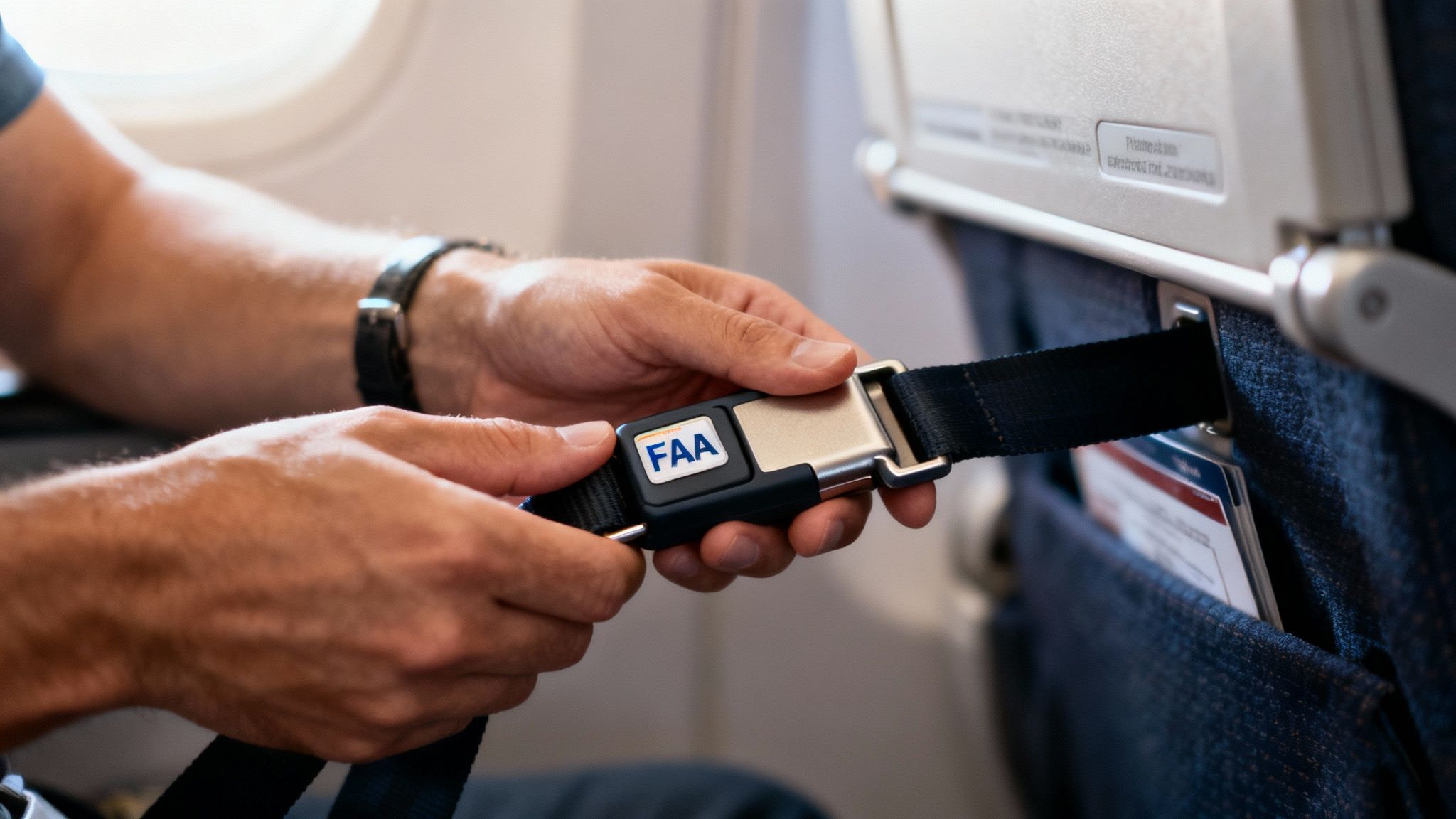 A person's hands fasten an airplane seat belt with an FAA logo on the buckle.
