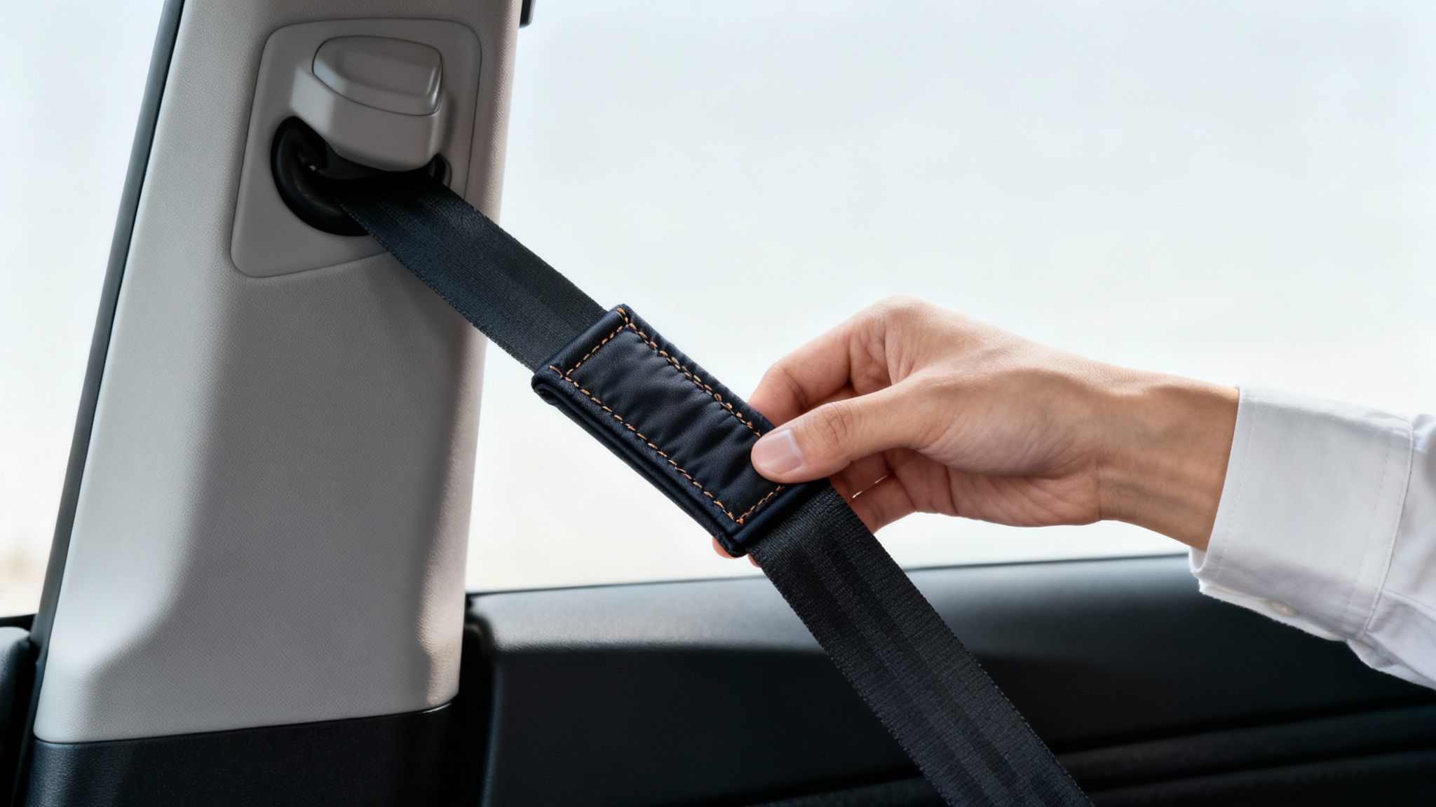 Close-up of a hand pulling a car seat belt with a padded shoulder strap cover.