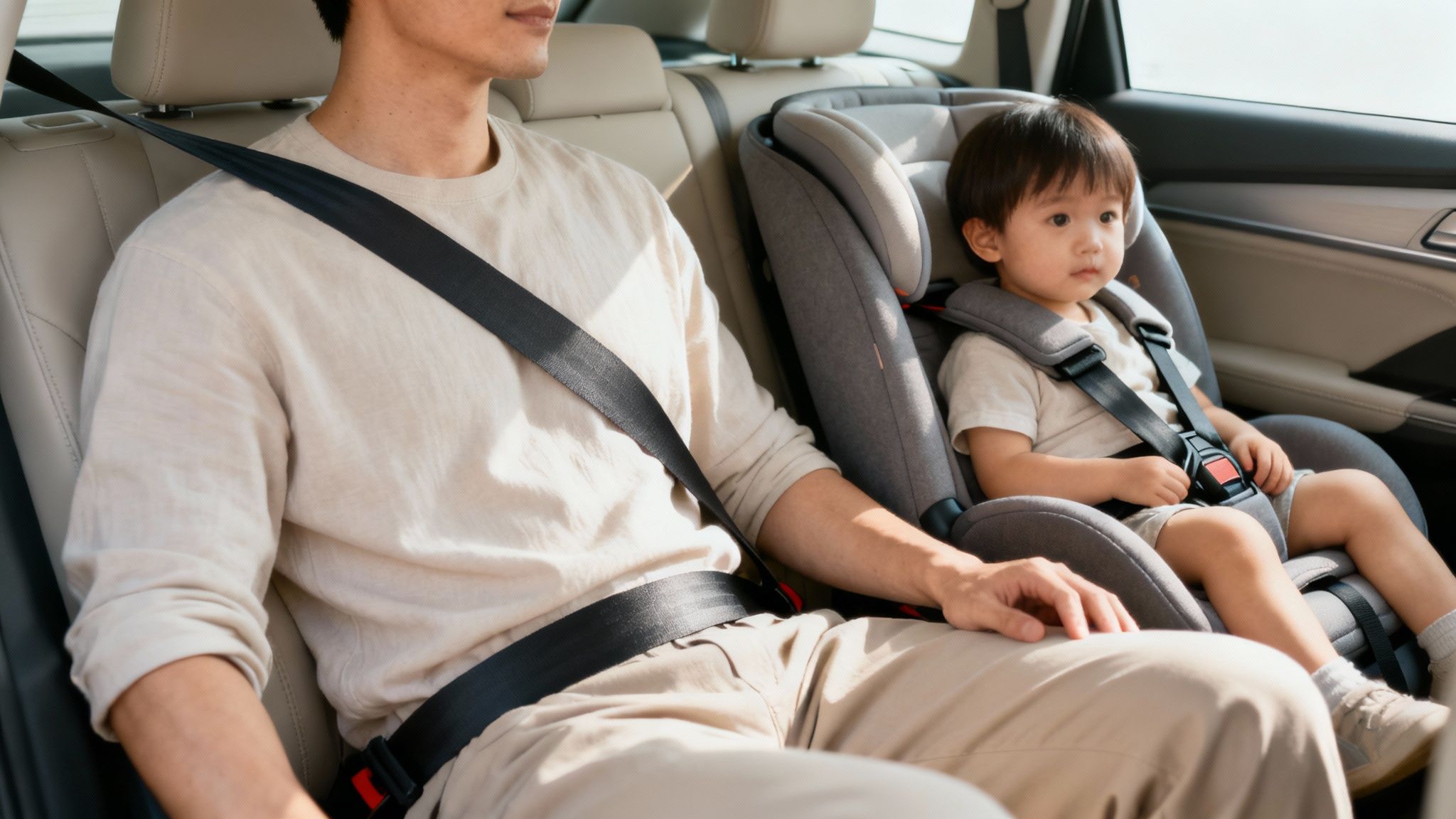 A mechanic inspecting a seat belt retractor mechanism inside a car's pillar.