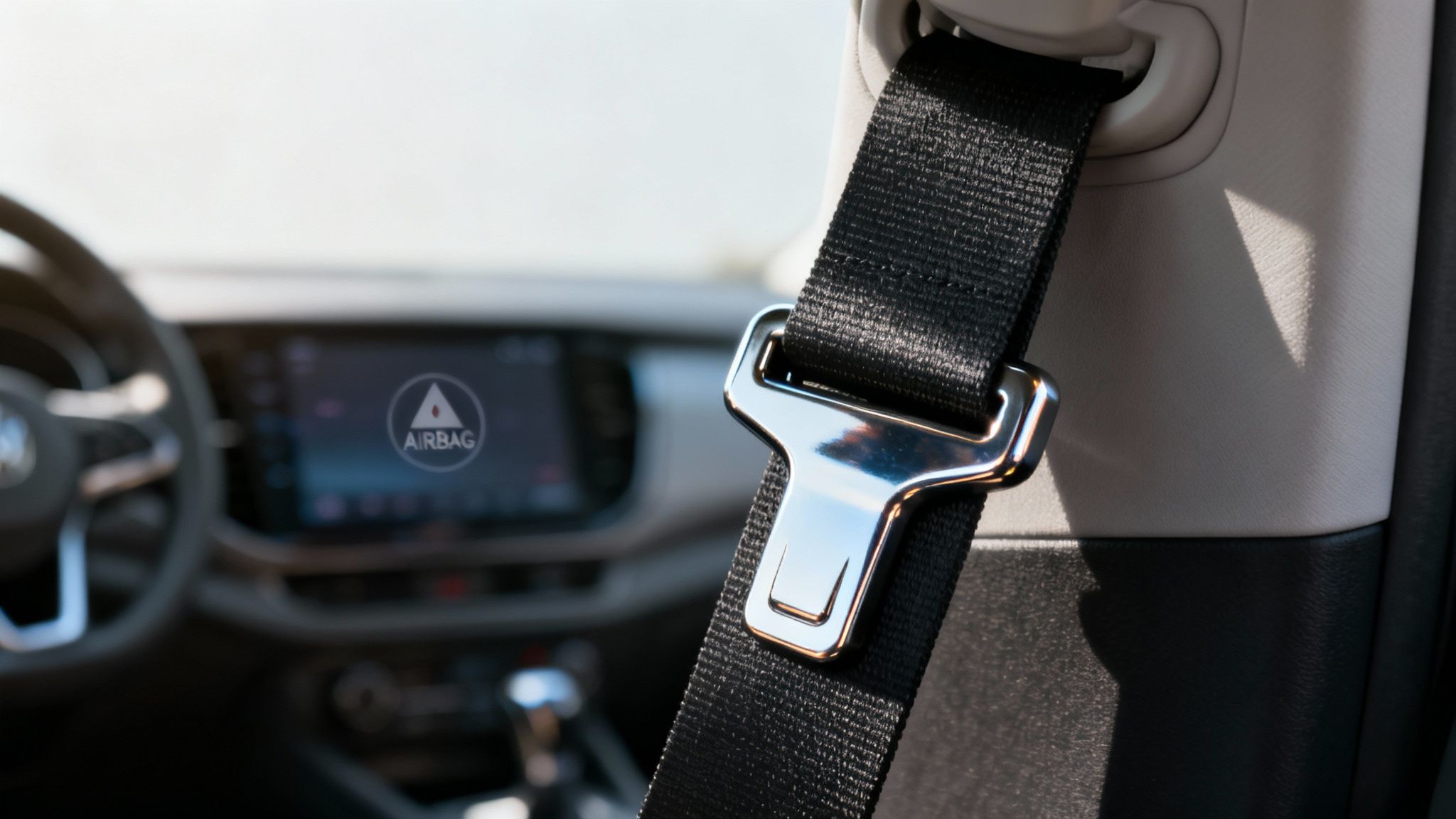 Close-up of a black car seat belt and chrome buckle with an airbag warning visible on the dashboard.