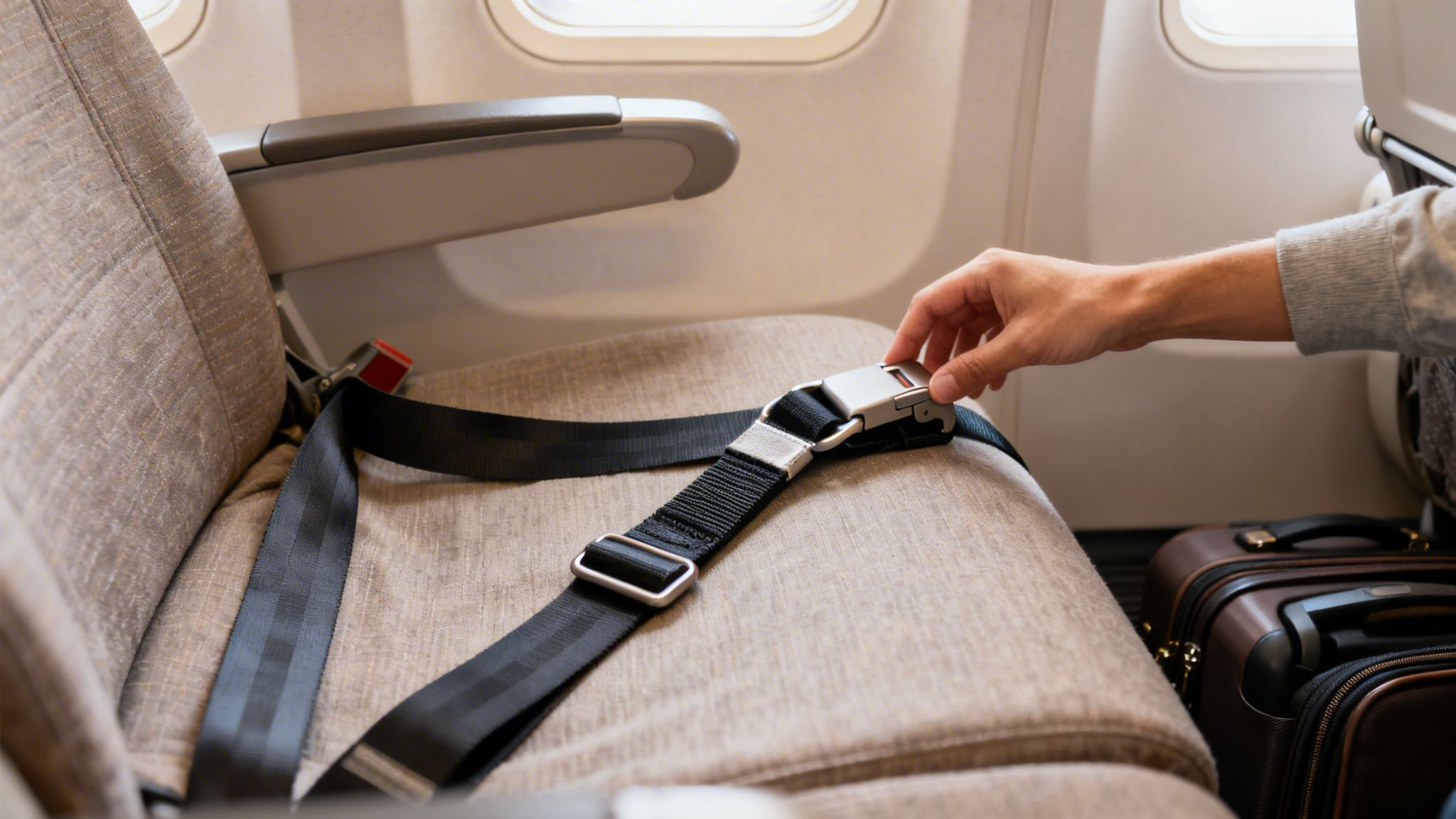 Close-up of a hand buckling an airplane seatbelt on a textured beige seat during a flight.