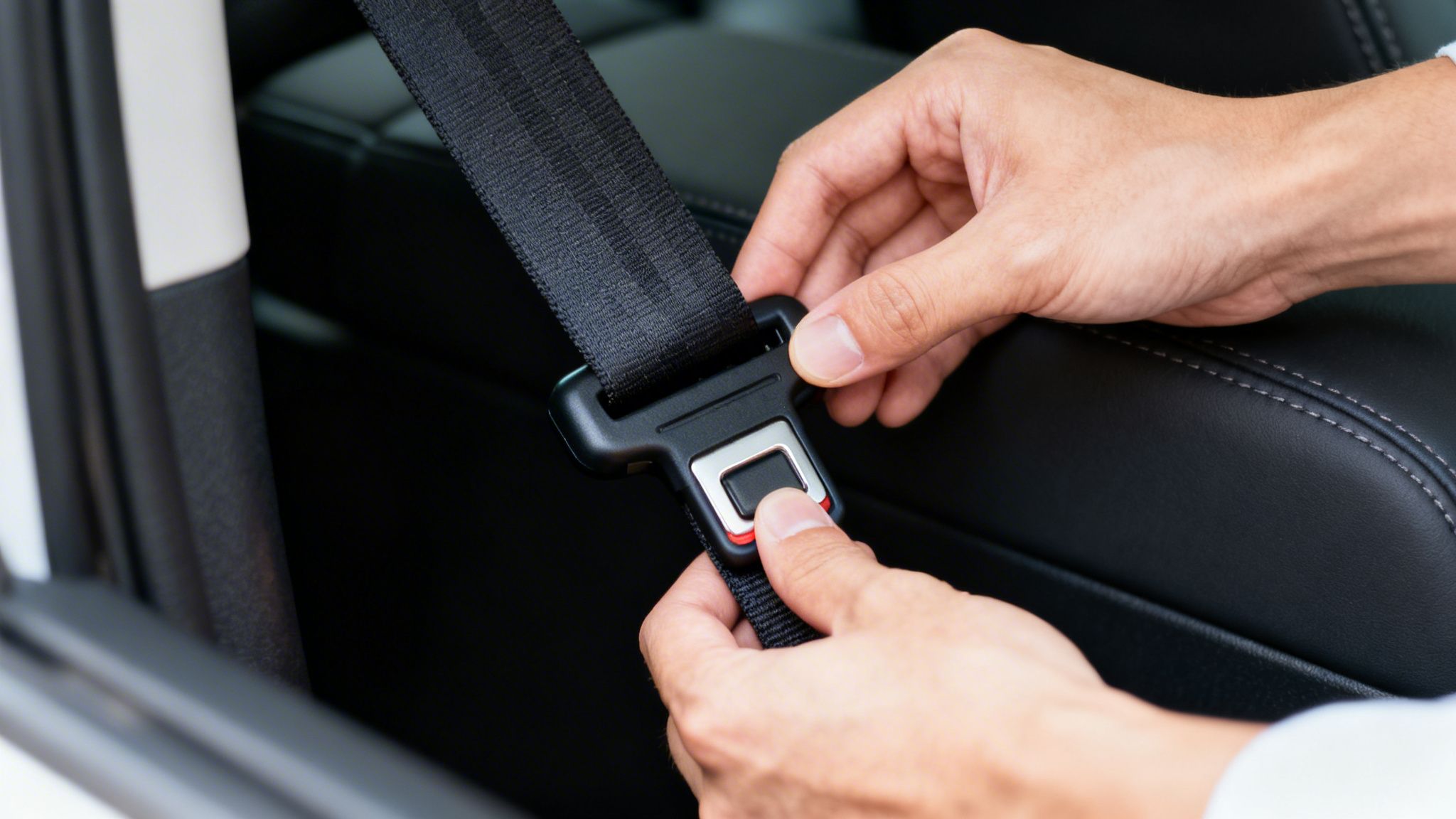 A person's hands unbuckling a black car seat belt in a modern vehicle interior.