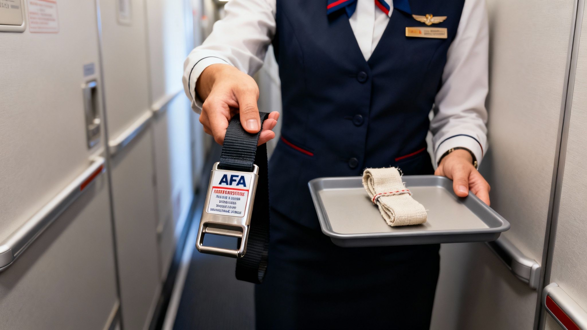 A flight attendant in uniform demonstrates a seatbelt extender while holding a tray with a napkin in an aircraft aisle.