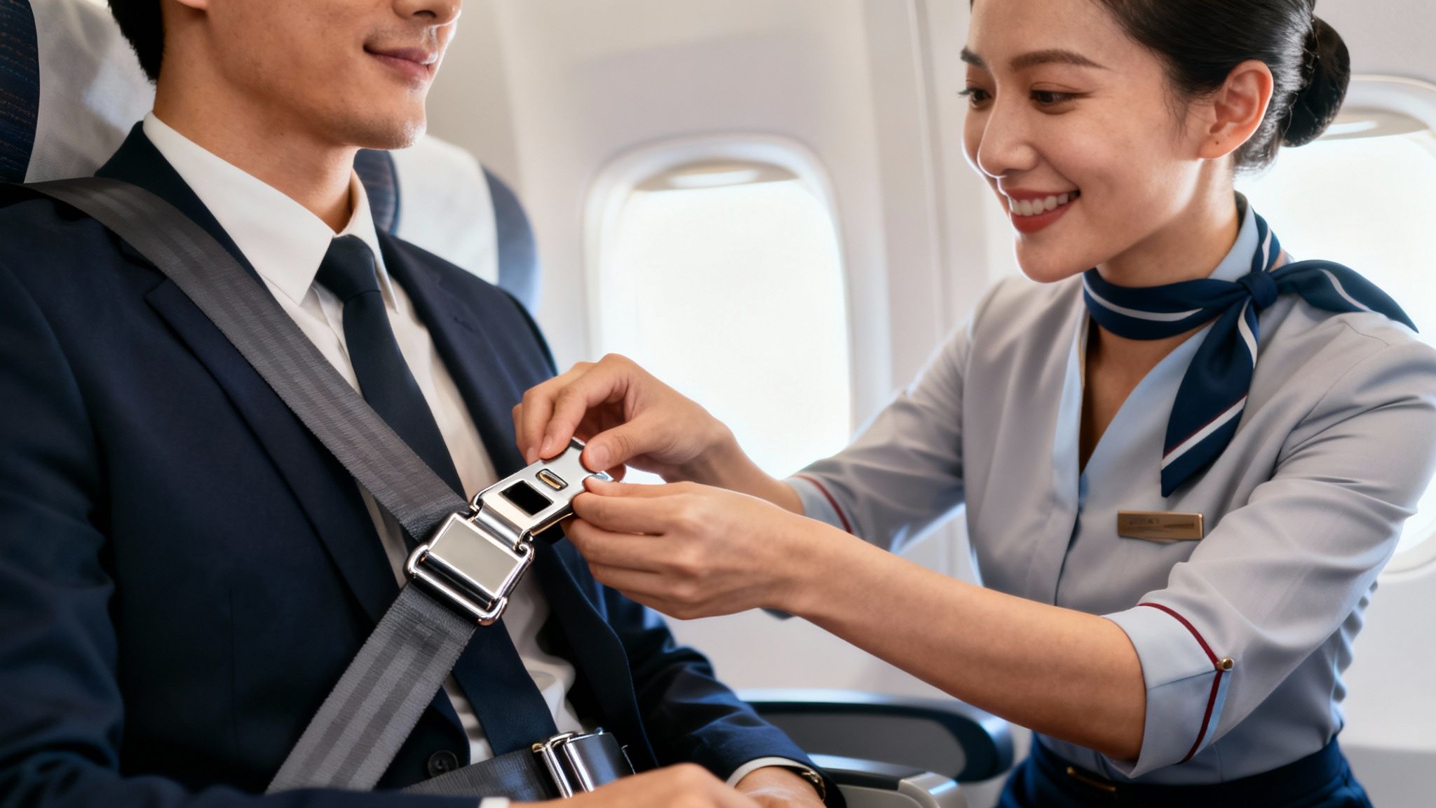 A smiling flight attendant helps a male passenger fasten his seatbelt inside an airplane.