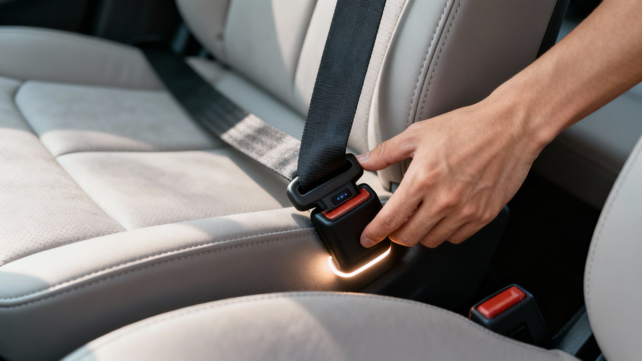 A hand fastens a car seat belt into a modern buckle with blue indicators and glowing light.