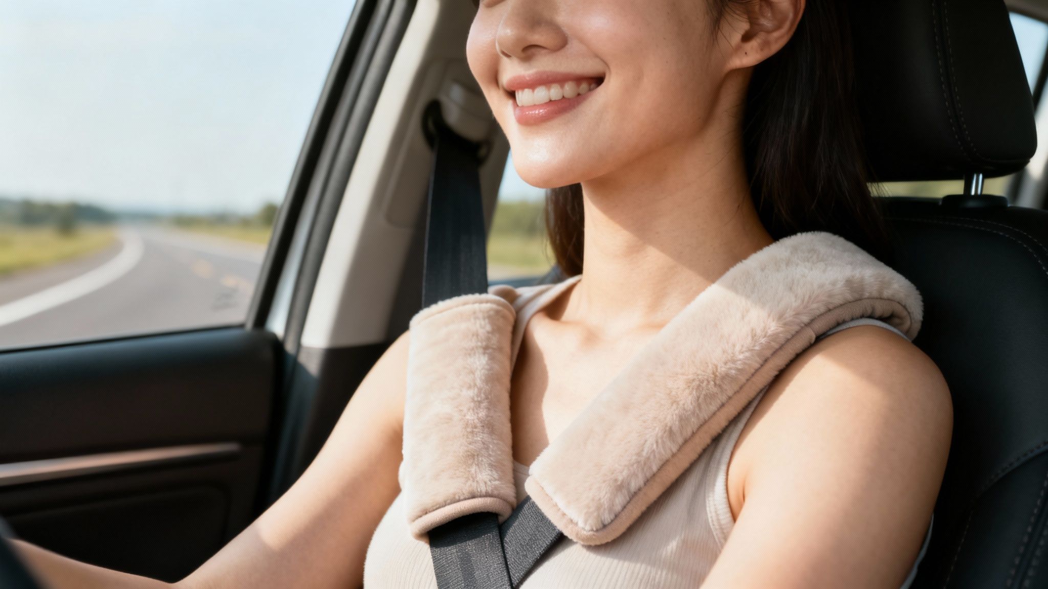 A person comfortably driving a car with a padded seat belt cover on their shoulder strap.