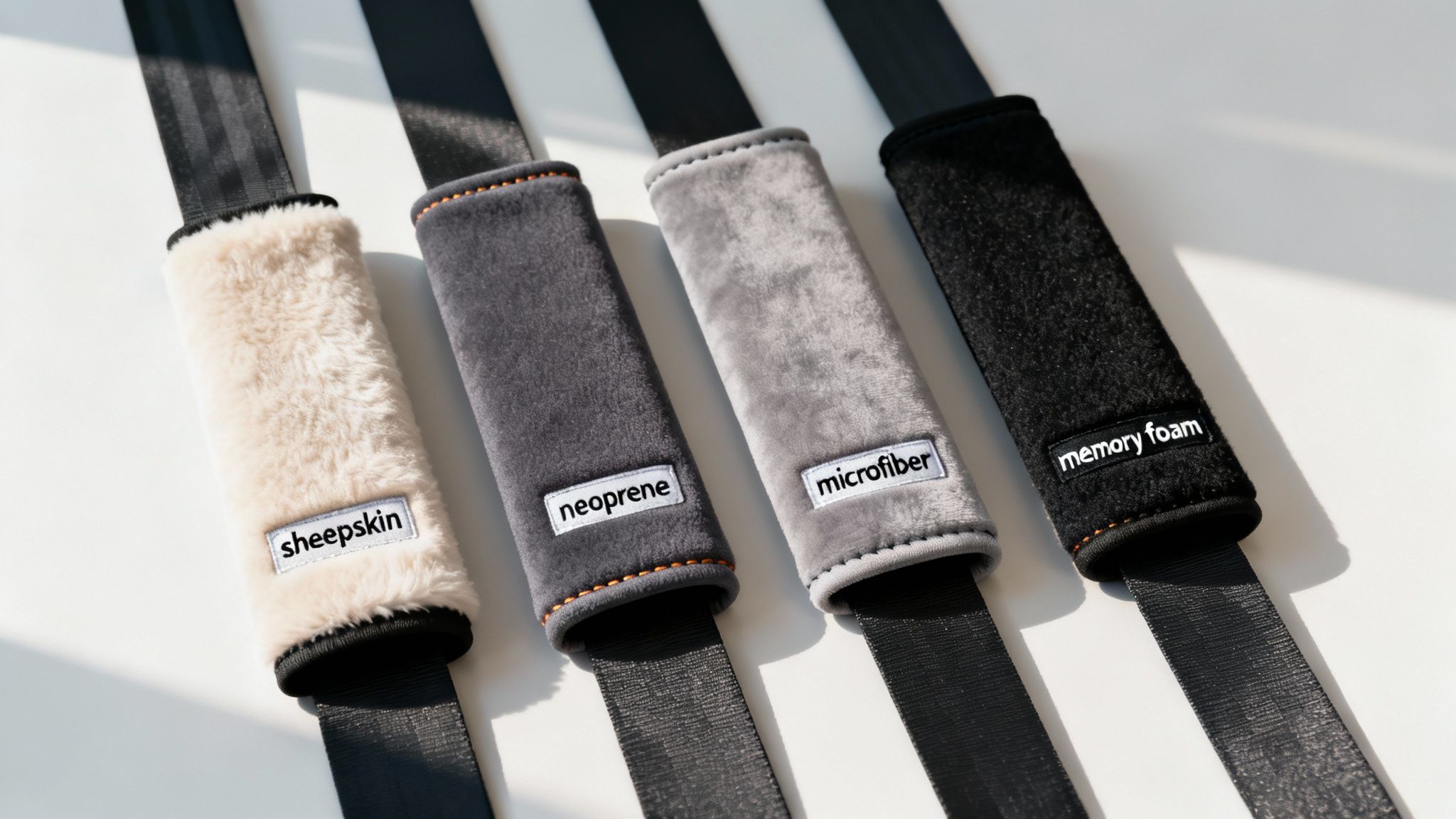 A close-up of different fabric textures for padded seat belt covers, including sheepskin, neoprene, and microfiber.