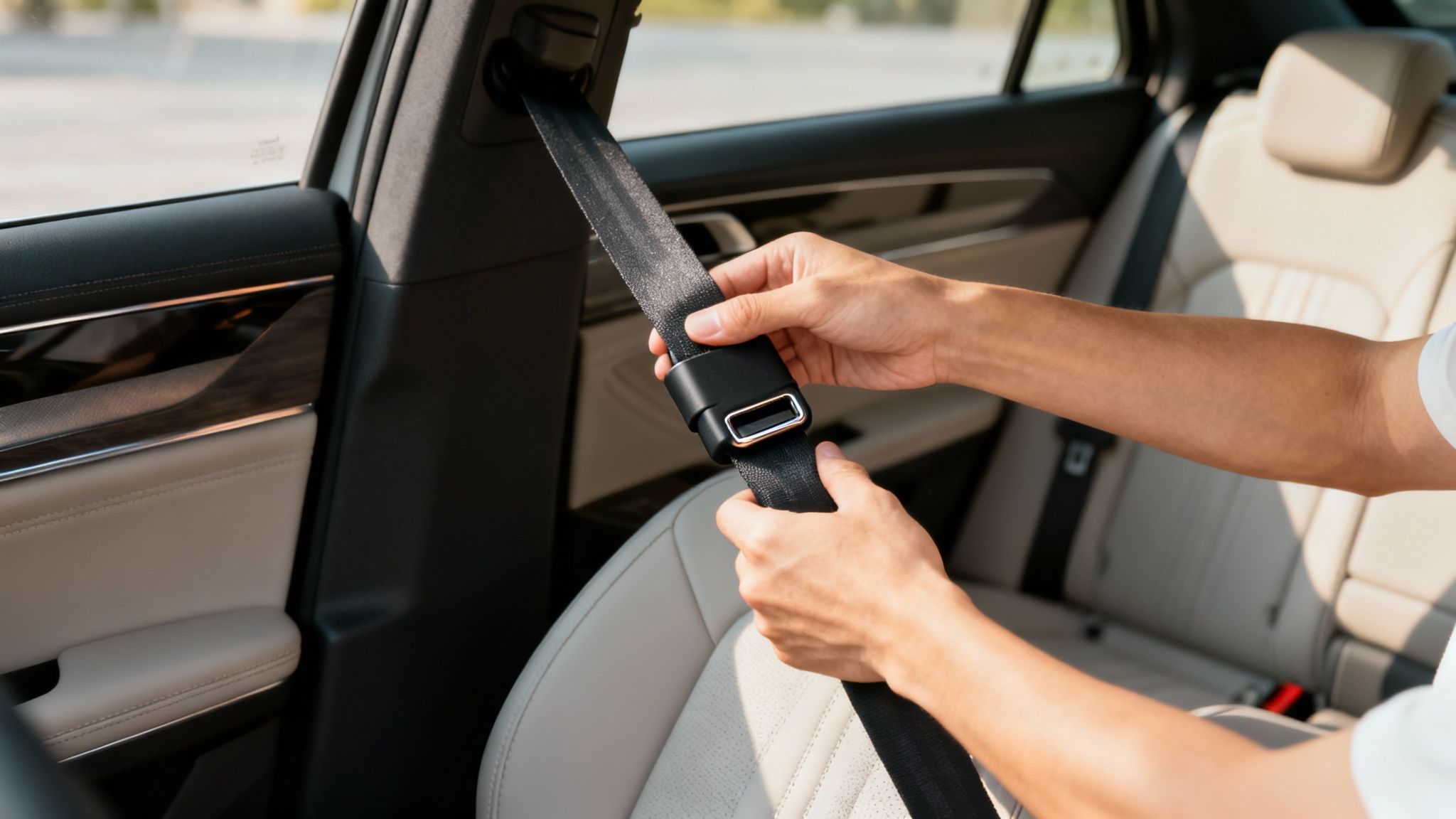 Person fastening black seat belt with metal buckle inside modern car interior