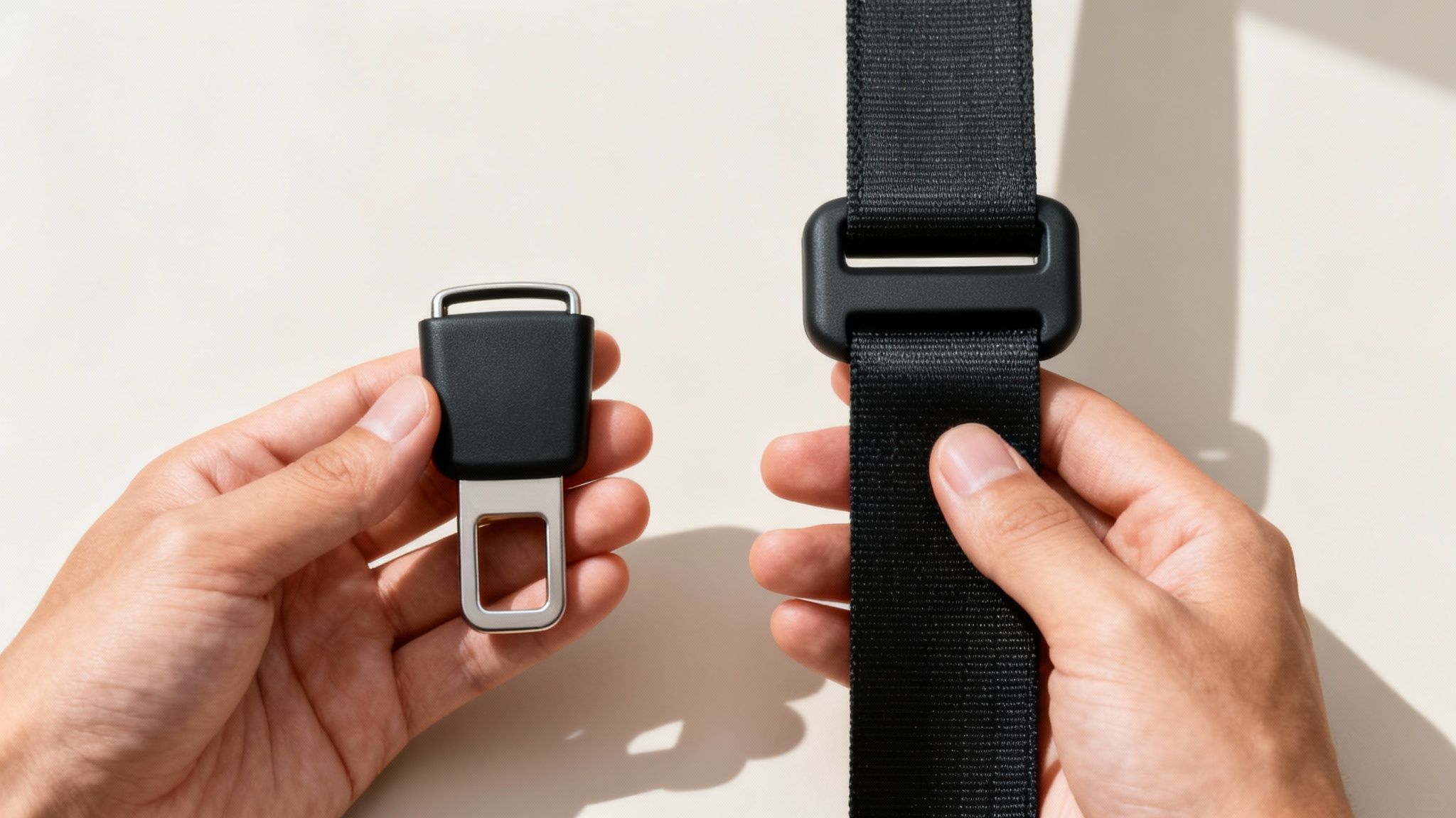 Hands holding seat belt buckle and adjuster clip with black webbing strap