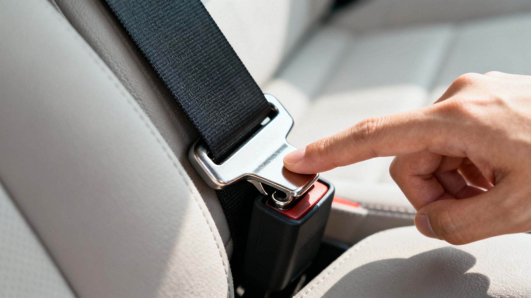 A close-up of a person's hand pressing a shiny car seat belt buckle release button.