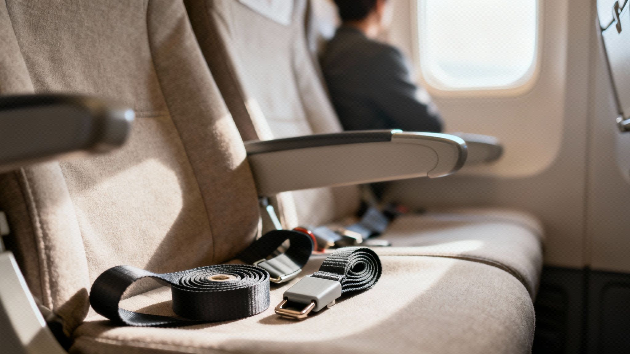 An airplane seat belt extender connected to the main seat belt on an aircraft seat.