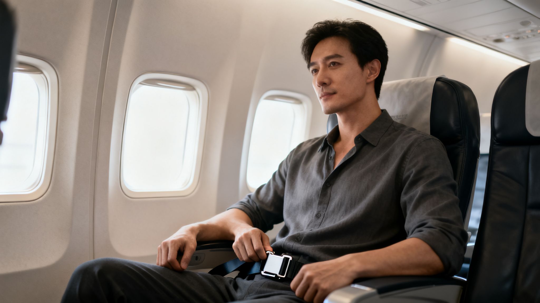 An Asian man on an airplane fastens his seatbelt, looking out the window.