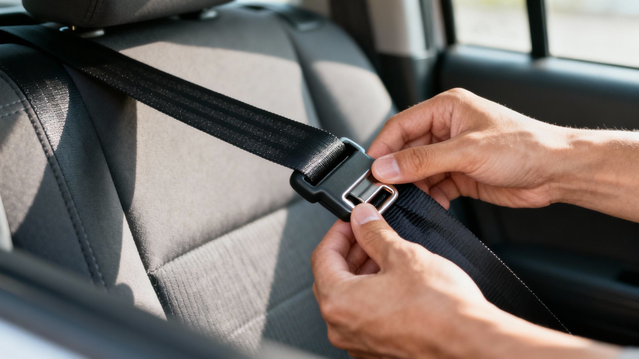A driver carefully installing a seat belt adjuster clip onto their car seat belt.