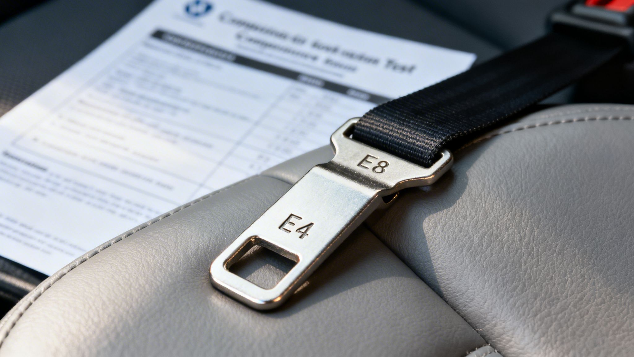 A silver car seat belt buckle with E4 and E8 engravings resting on a gray leather seat, with a test document.