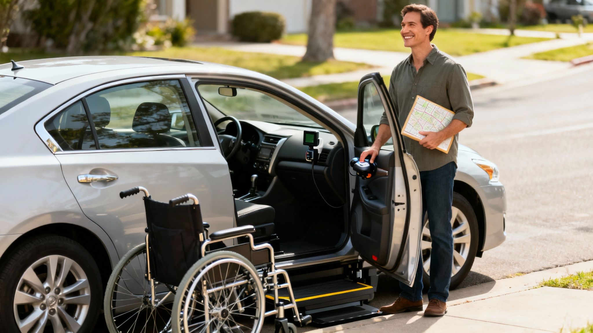 A smiling man stands next to a silver car with a deployed wheelchair lift and a wheelchair.
