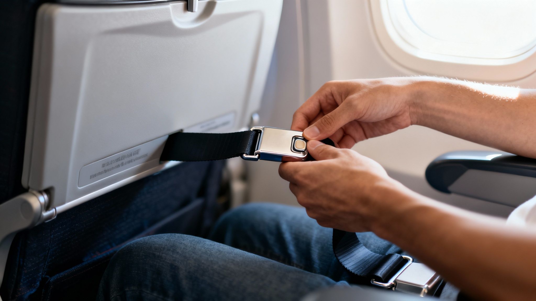 Passenger securing a seat belt on an airplane with a bright window in the background.