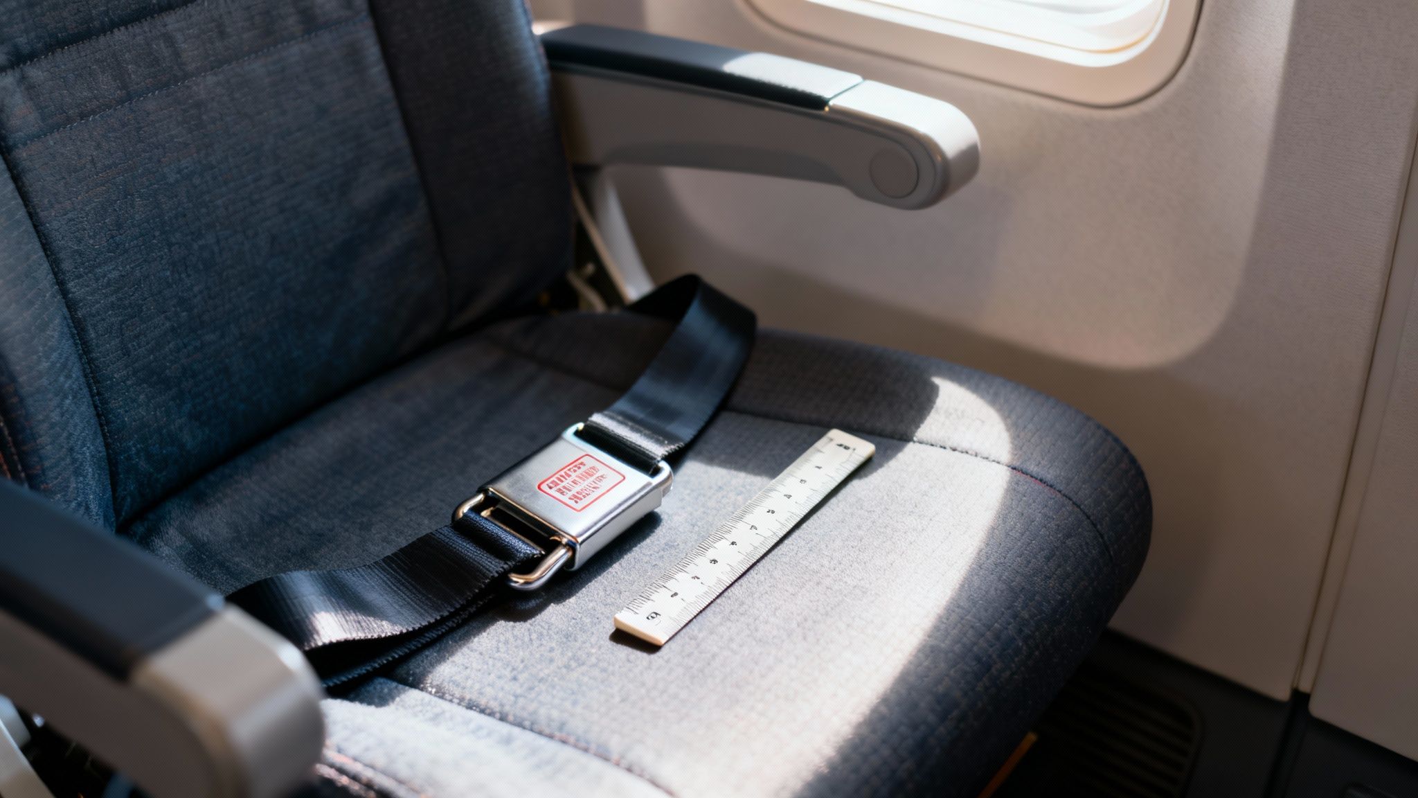 An airplane seat featuring a buckled seatbelt and a ruler, illuminated by sunlight from the window.