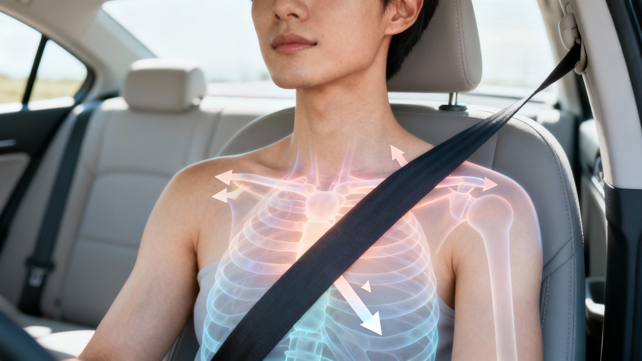A person in a car wearing a seatbelt, with a transparent X-ray overlay showing the ribcage and bones, highlighting force distribution.