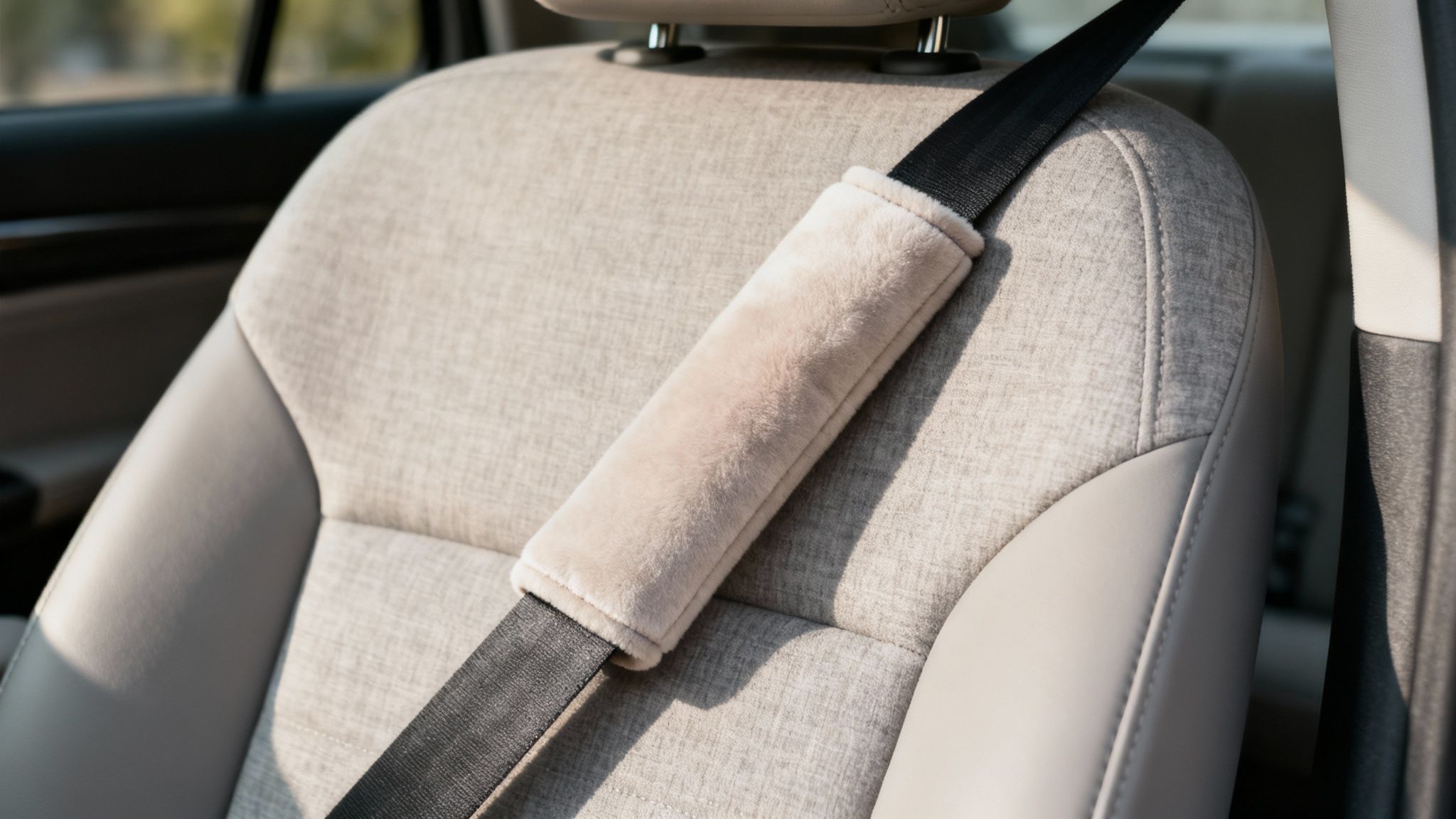A person driving a car with a grey seat belt cover on the seat belt.