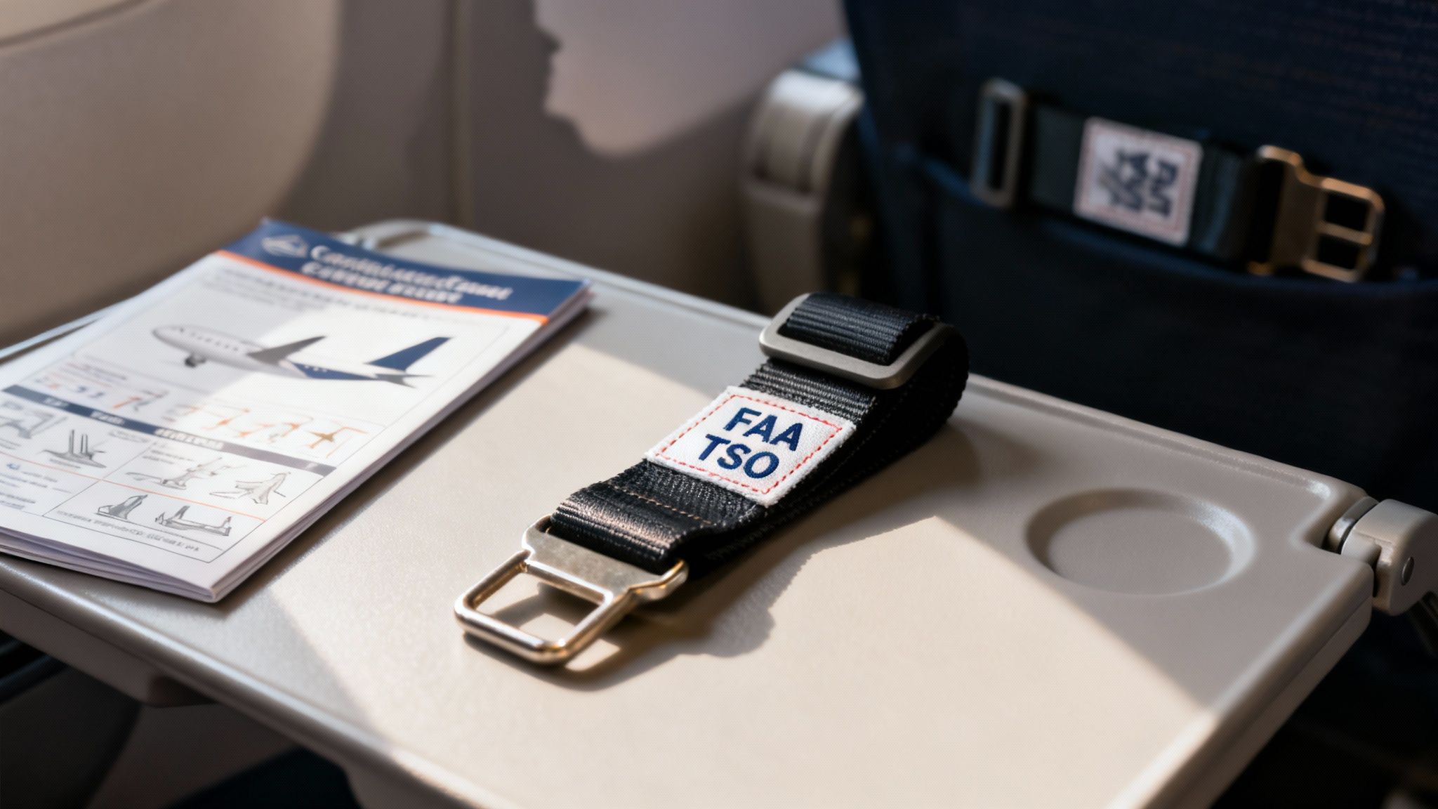An airplane seatbelt extender marked 'FAA TSO' rests on a tray table next to a safety card.