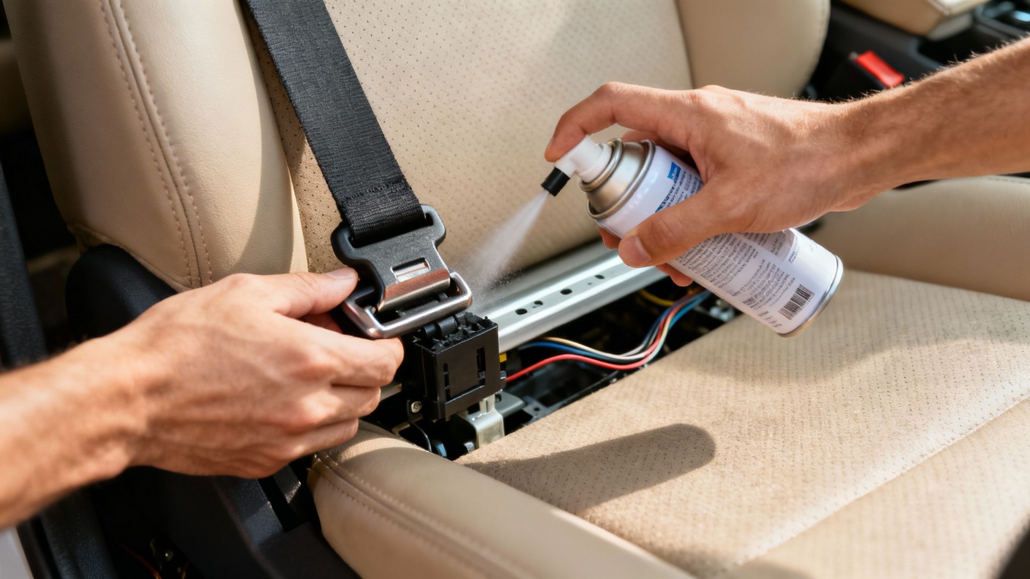Close-up of a person spraying a car seat belt buckle with a cleaning spray, showing exposed wires.