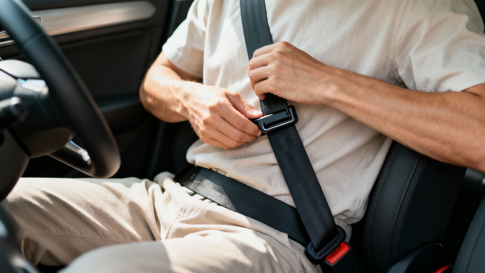 A person demonstrates the final check of a correctly installed seat belt adjuster clip.